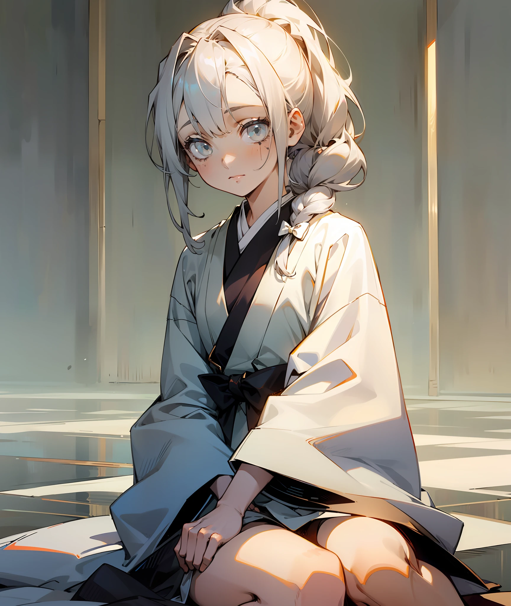 1girl, grey eyes, white hair, small scars, human, grey kimono, soft smile, calm, kind, hair up, hair in bow, sitting, calm, peaceful