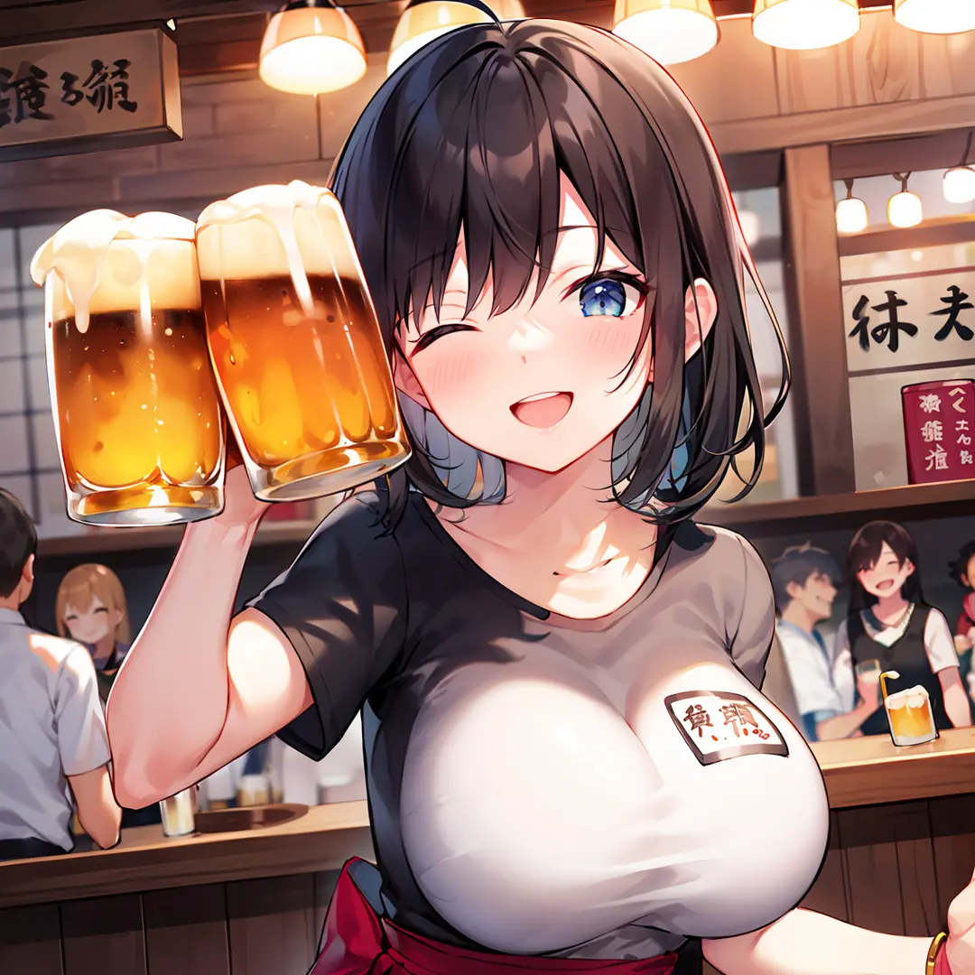 Best Quority、best anatomy、(Magnificent details)、lovly(tomgirl)Tavern owner、izakaya、shorth hair、big chest out、Beer mug、happiness、drunkard、black-haired、T-shirt、a smile、Upper body only
Japan Women