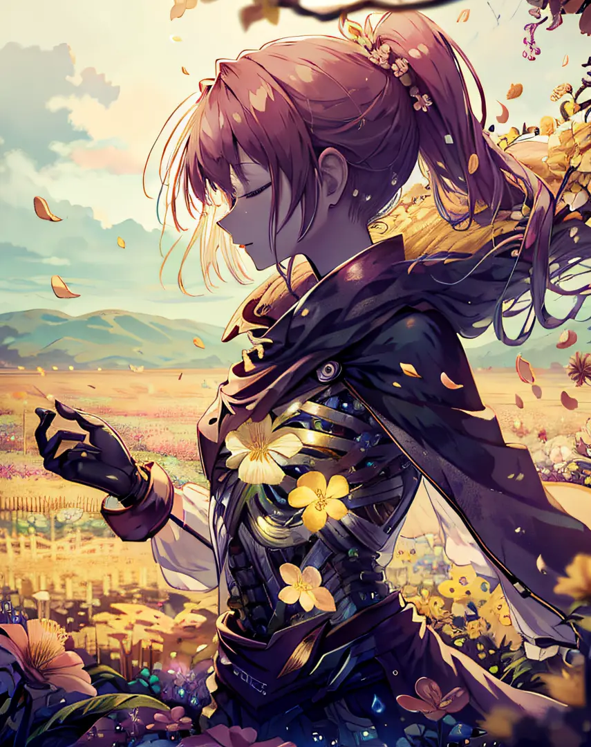 translucent skin, 1girl, flower, closed eyes, solo, field, flower field,  ponytail, outdoors,naked_cape, long hair, yellow flowe...