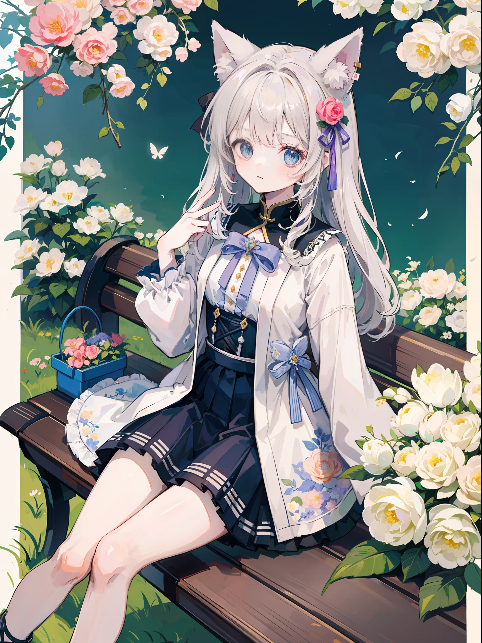 Anime Pictures。Bright and pretty shades。A cute woman with cat ears of about 18 years old sits on a bench in the pavilion of a garden full of flowers。Clothing designed in the image of Hungarian national costume。。Flowers are fluttering。Cute geometric pattern background。Extremely high quality、Extremely high image quality、Maste Piece、Best-aesthetic