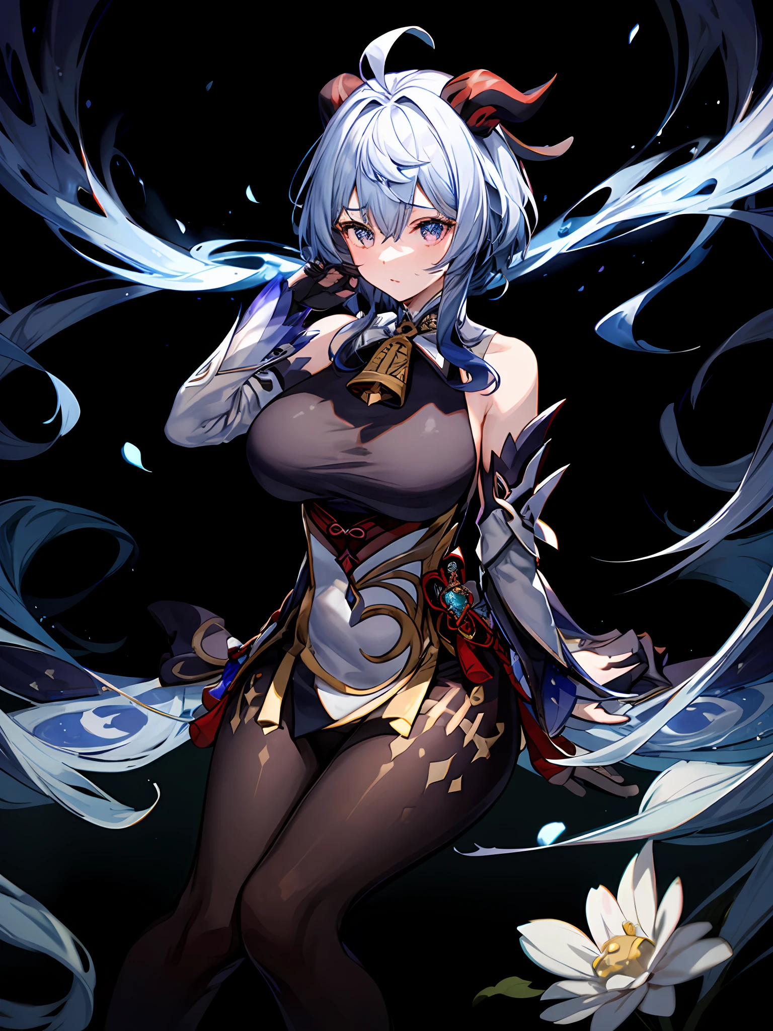 ((Masterpiece,Best quality)),(Negative space:1.4),(1girl huge large breasts, 独奏:1.4),Beautiful detailed eyes,floating light blue short hair, dark red horns, bell on her neck, sleeveless black shirt, Black stockings, white separate sleeves, sitting on a cloud surrounded by fluffy clouds and small white flowers，gros-plan，1girl huge large breasts （masterpaintings） （beste-Quality） （shinny hair） （shiny shiny skin）， Gan Yu\（genshin impact\）， lightblue hair，