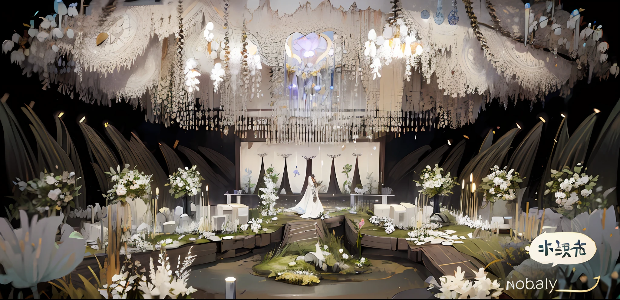 European Wedding，crystal lamp，White flowers，Banquet hall，opulent，delicated，NOhumans