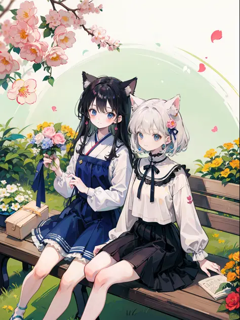 Anime Pictures。Bright and pretty shades。A cute woman with cat ears of about 18 years old sits on a bench in the pavilion of a ga...