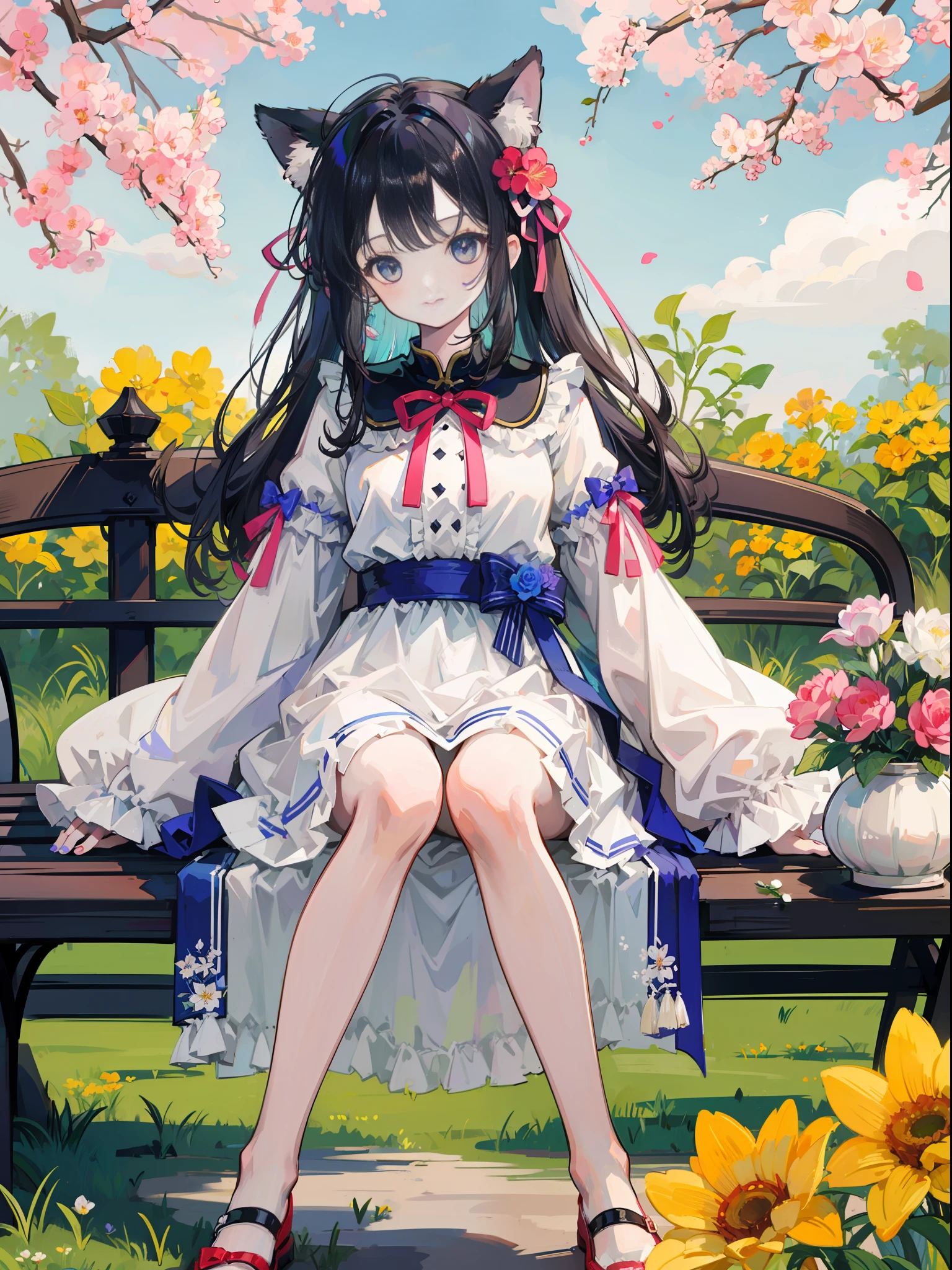Anime Pictures。Bright and pretty shades。A cute woman with cat ears of about 18 years old sits on a bench in the pavilion of a garden full of flowers。Gentle smile。Clothing designed in the image of Hungarian national costume。。Flowers are fluttering。Cute geometric pattern background。Extremely high quality、Extremely high image quality、Maste Piece、Best-aesthetic