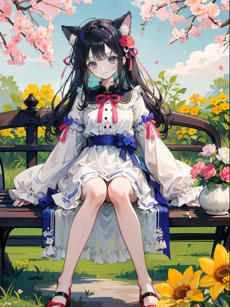 Anime Pictures。Bright and pretty shades。A cute woman with cat ears of about 18 years old sits on a bench in the pavilion of a ga...