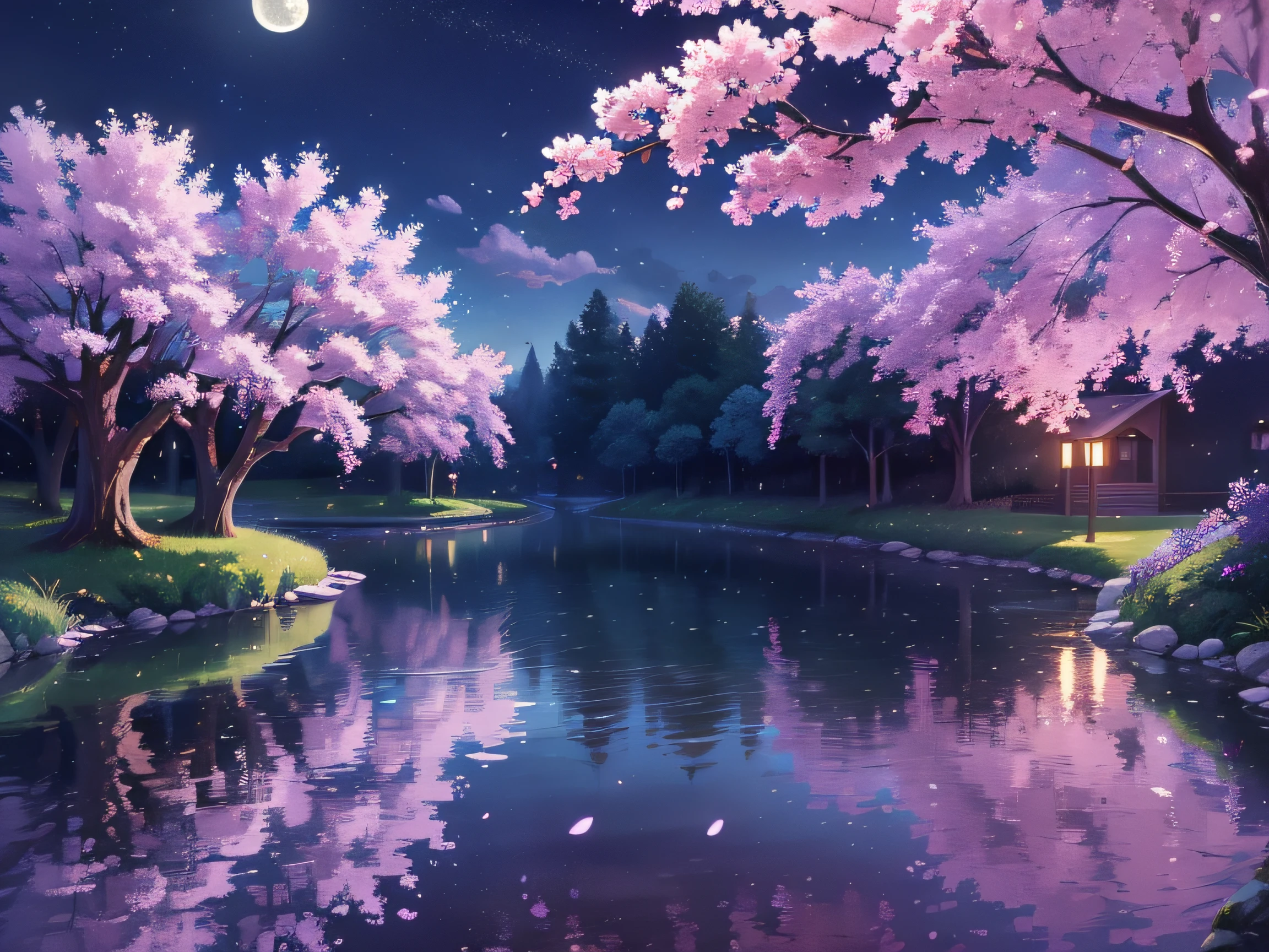 backround, CG, pnon, night, moon, wisteria, cheery blossom, one side is sky and the other is pond, panorama, ray tracing, reflection light, polar opposites, 8K, masterpiece, best quality, high quality, high details, super detail, highres, UHD