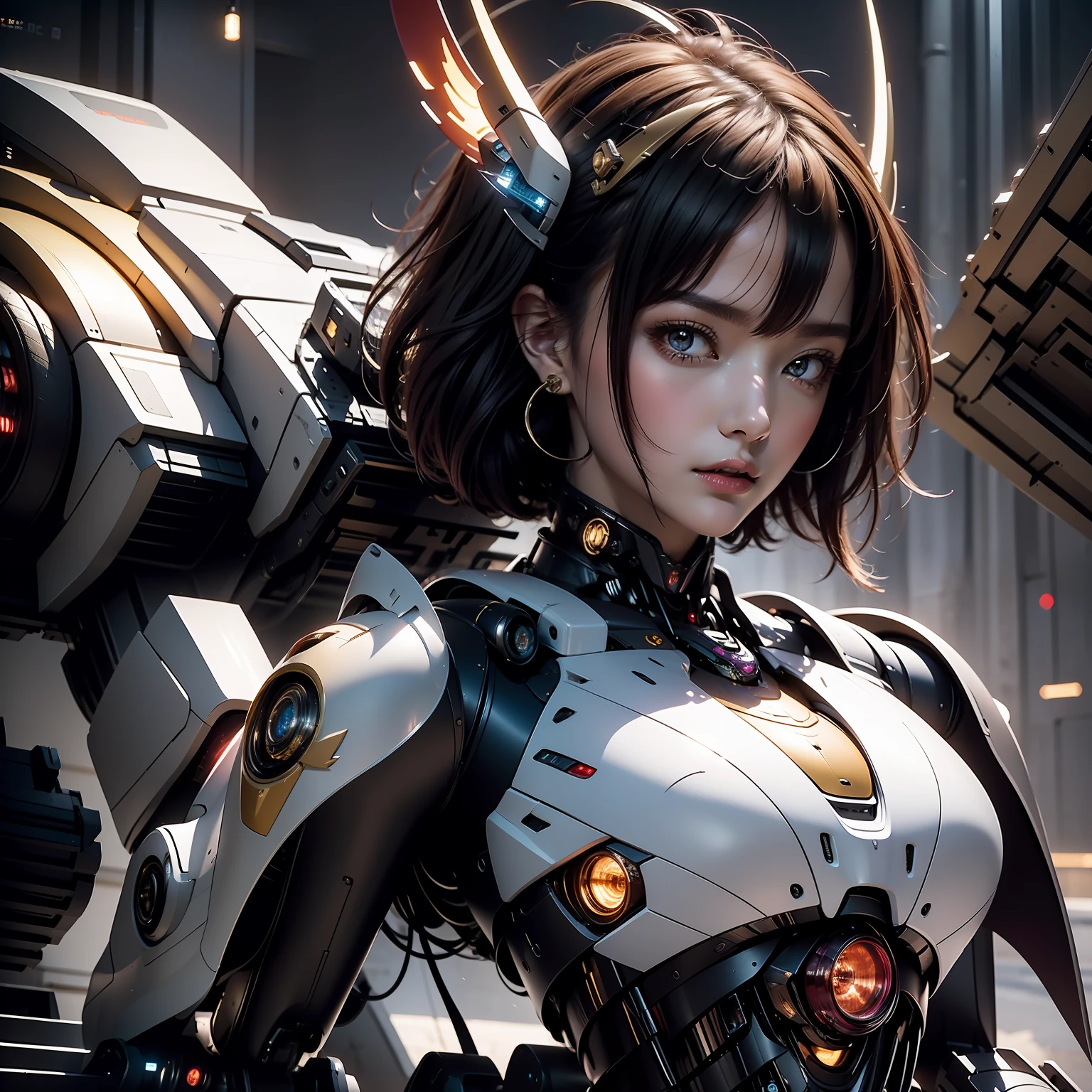 （（masterpaintings，Best Quority）），illustration，Ultra-detailed 8K，Clear focus，A highly detailed，Professional lighting，Colorful detailed，A girl and a mech，Beautie，lottalewdsLargeMecha，cranny，glowing with，glowing with，Complicated details，（（1girl stands in front of the audience）），（（There is a mech warrior behind him））