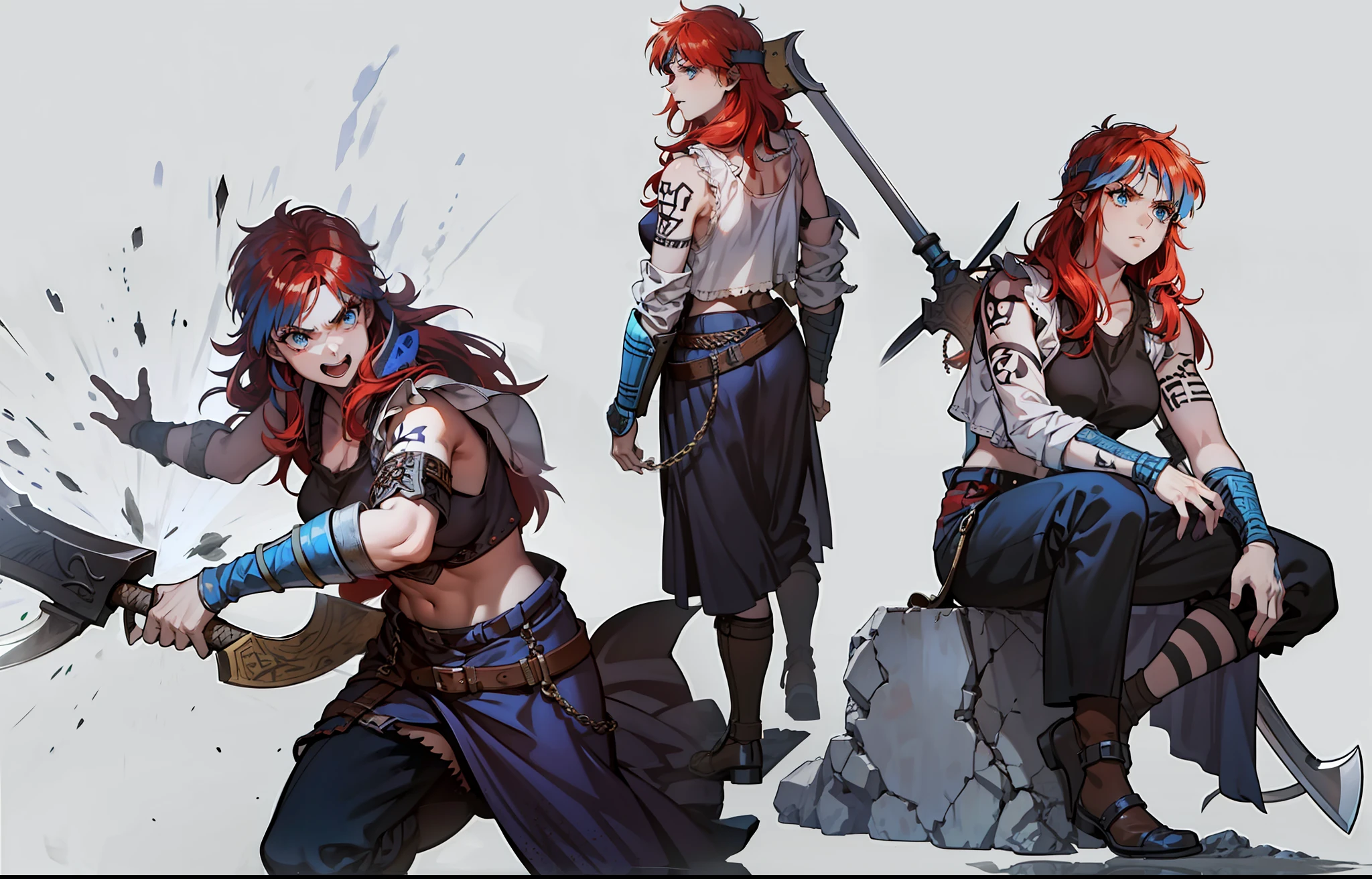 Boadicea, red-haired Viking warrior with Nordic armor and rune tattoos on her body and blooming blue eyes holding an axe, 4k