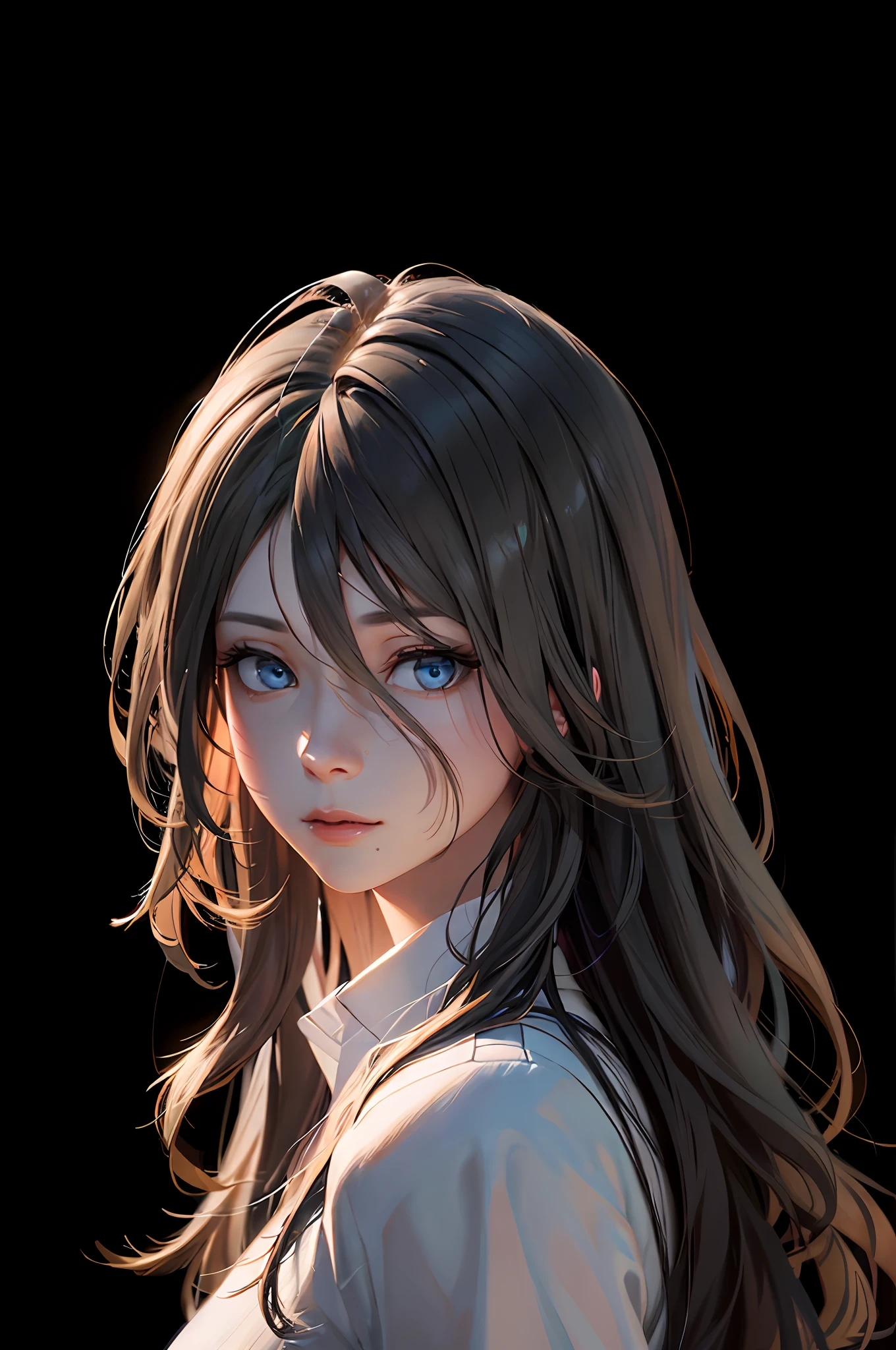 image arafée d&#39;une femme aux cheveux longs et à une chemise blanche, Rendu portrait 8k, Œuvre d'art de style Guviz, par Yang J., Guviz, rendu d&#39;avril, réalisé avec le studio de peintre d&#39;anime, Réaliste. cheng yi, portrait de haute qualité, Peinture numérique 8k, dans le style artistique de Bowater, par Li Song