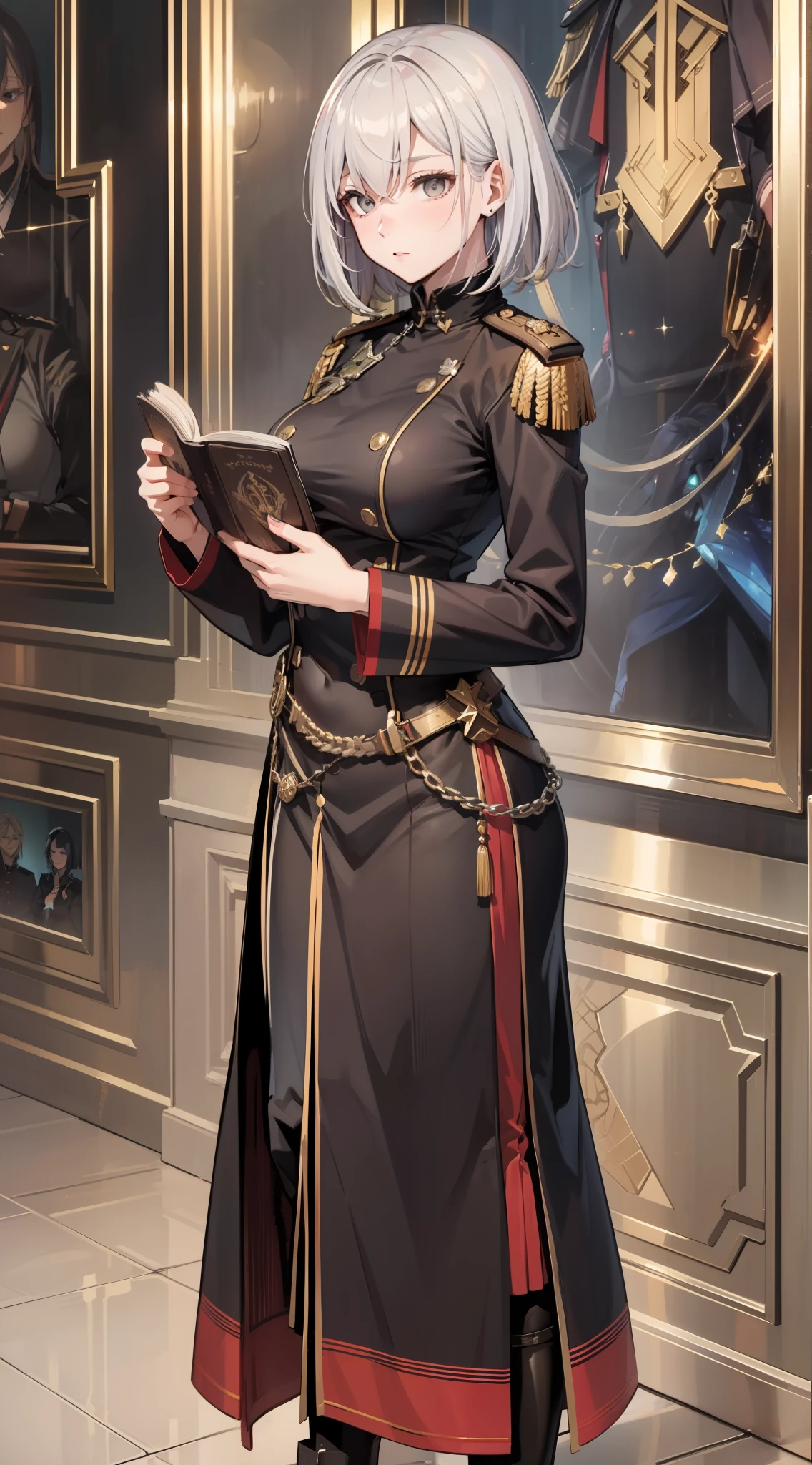 animated cartoon、最好质量、A high resolution、Standing Picture、android、femal、Military Personnel、a battle man、Glossy detailed gray hair long、Decoration luxury black military uniform、I have a spellbook、deadpan、no feelings、Elegant、gorgeous、Luxury、elegent、A sexy、goodlooking