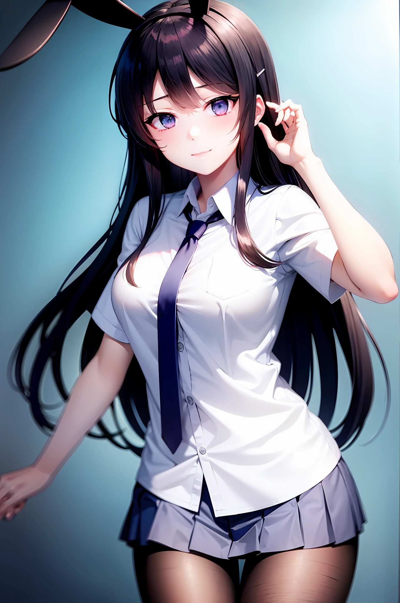 School uniform, white shirt, pantyhose, pleated skirt, tie, rabbit ears, mayijan, faint smile, mid_breats, best quality