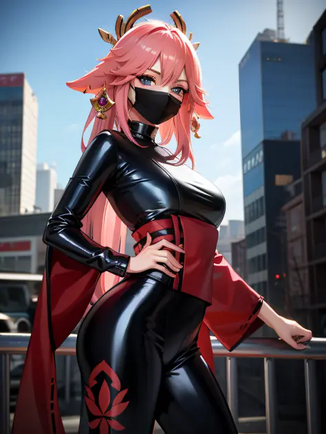 masterpiece, best quality, yae miko, 1girl, anime, (latex outfit, face mask,) looking at viewer, standing, city background