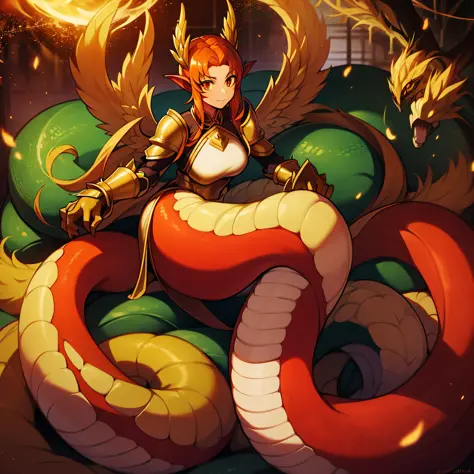 Lamia, snake tail that ends in a red-brown fan, green-brown scales, scaled armor, wyvern-like red-orange and tan wings, spiked b...