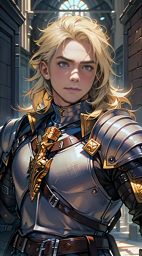 Ultra detailed, 巨作, illustration, Close-up of the head，Cool medieval paladin boy standing in golden castle corridor with movie l...