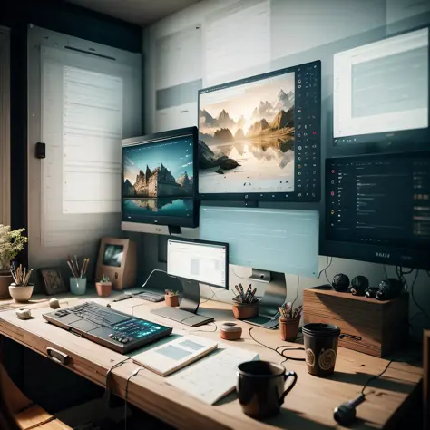 amazing home office studio - pc desktop on the background