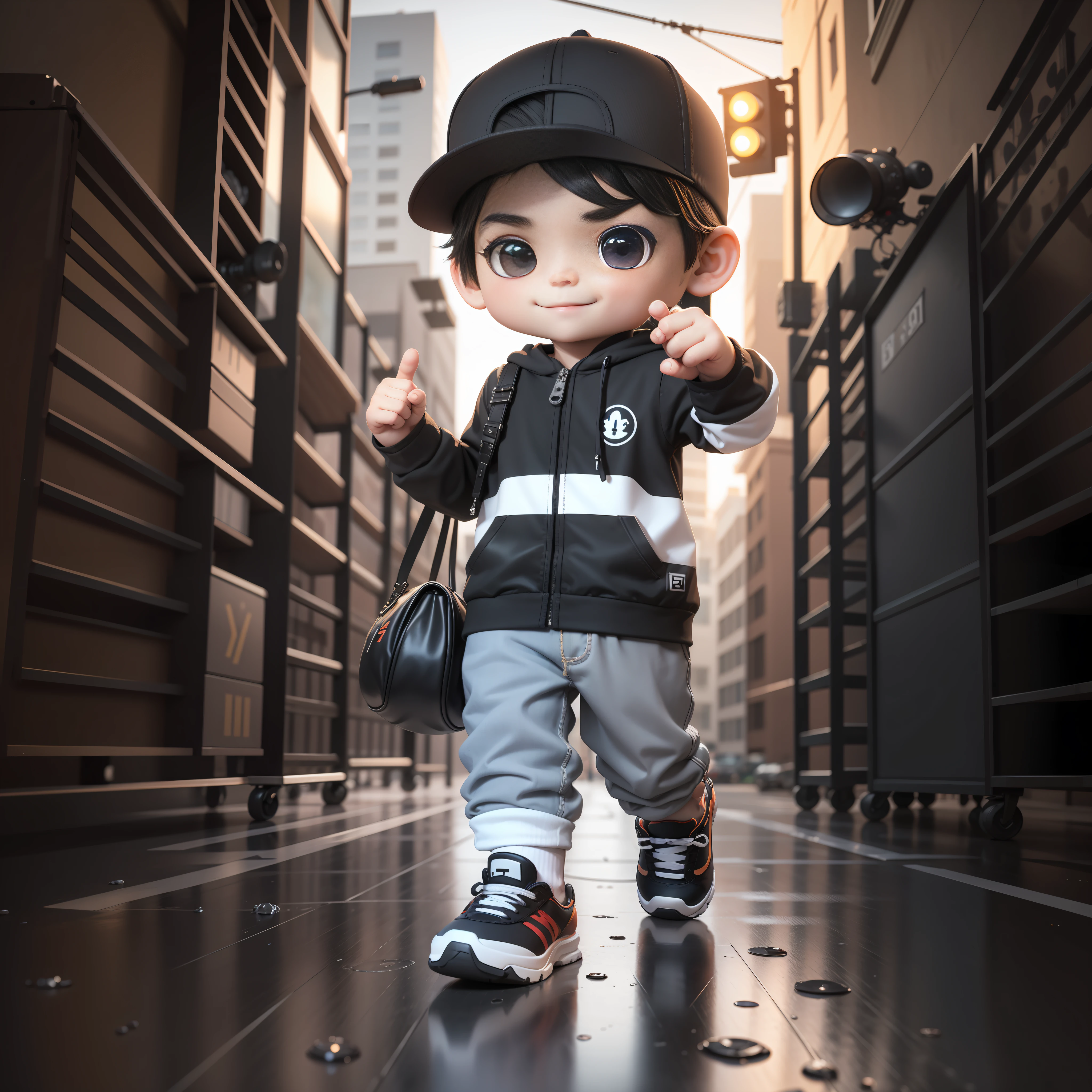 ((obra maestra, mejor calidad)),(iluminación compleja),,solo, sonrisa, ojos negros, pelo negro, 3d toy, renderizado 3D, IP, estilo ciberpunk, chibi, lindo , estilo chibi, , Fondo blanco, cuerpo completo, enfoque masculino, zapatos, pantalones, polo, baseball cap, calle