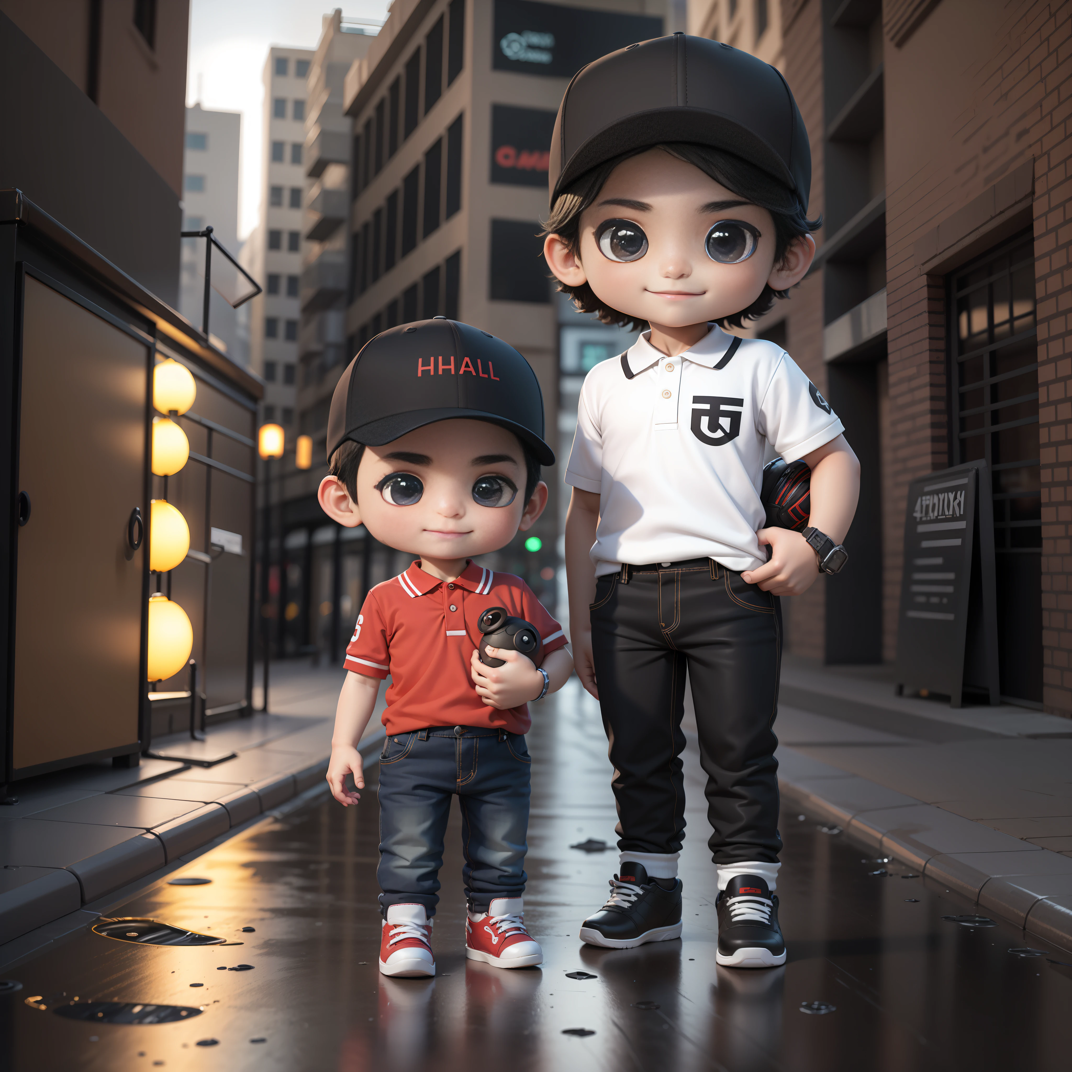 ((obra maestra, mejor calidad)),(iluminación compleja),,solo, sonrisa, ojos negros, pelo negro, 3d toy, renderizado 3D, IP, estilo ciberpunk, chibi, lindo , estilo chibi, , Fondo blanco, cuerpo completo, enfoque masculino, zapatos, pantalones, polo, baseball cap, calle