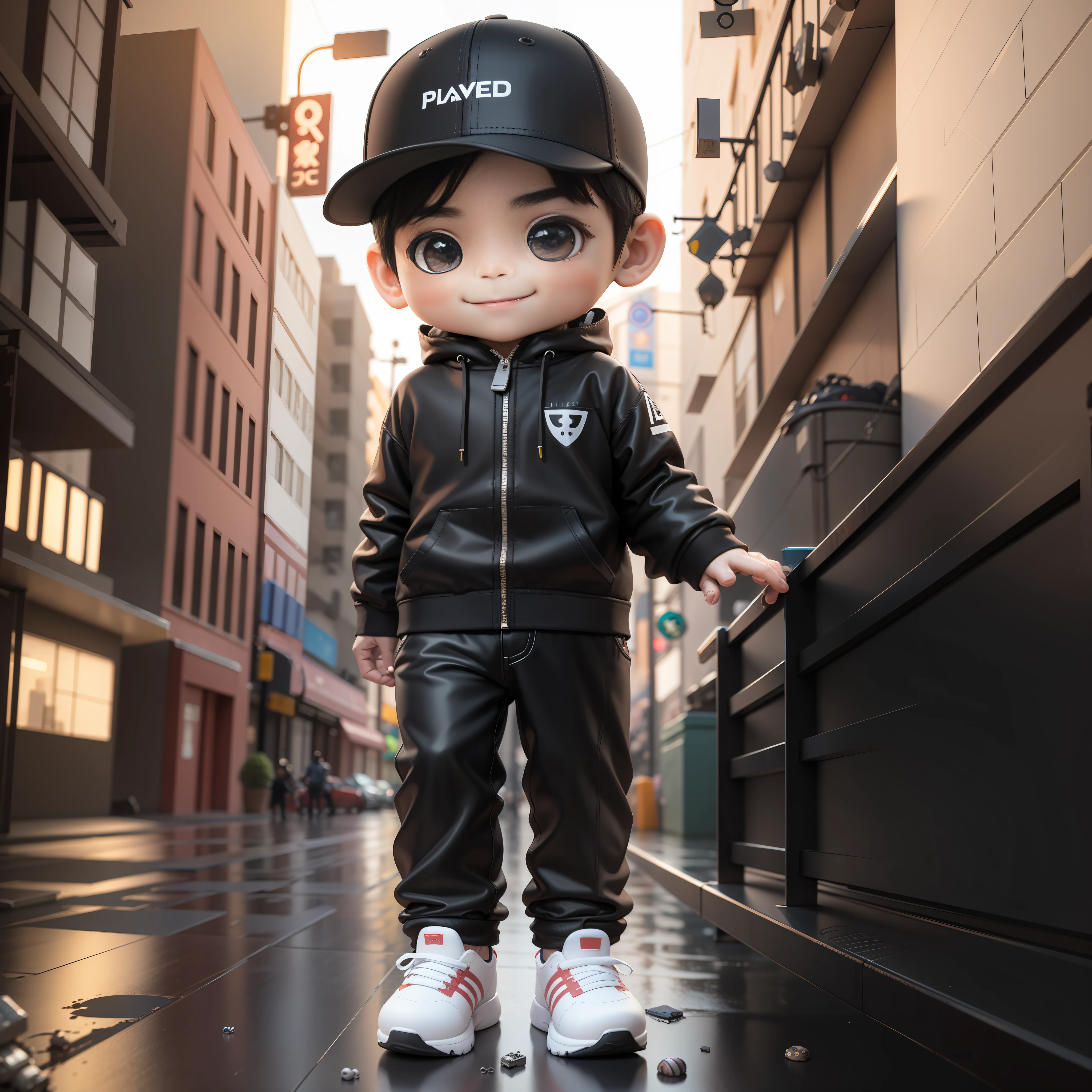 ((chef-d&#39;œuvre, Meilleure qualité)),(éclairage complexe),,seulement, sourire, Yeux noirs, cheveux noirs, jouet 3D, Rendu 3D, PI, style cyberpunk, chibi, Mignon , style chibi, , fond blanc, tout le corps, foyer masculin, chaussures, pantalon, Pôle, Casquette de baseball, rue