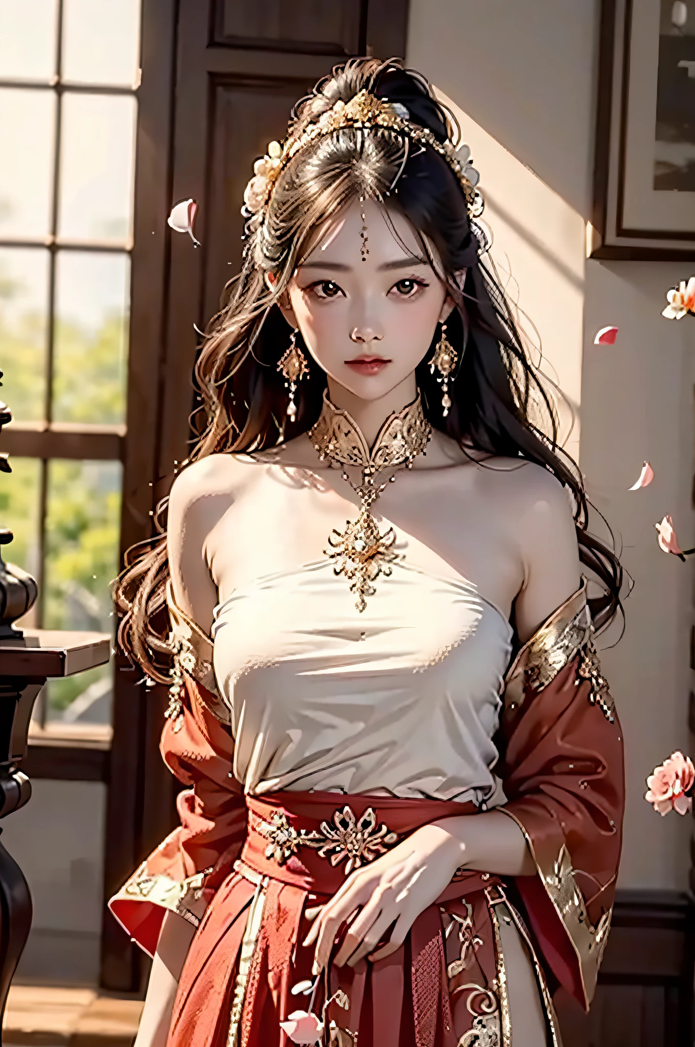 best quality, masterpiece, highres, (exquisite body:1.5),gorgeous face,(milky skin:1.3),intricate details,high resolution,wallpaper,
1girl, solo, dress, hair ornament, (((gold and red dress))), flowers, long hair, brown hair, closed mouth, jewelry, long sleeves, hand up, wide sleeves, big eyes,floating hair, chinese clothes, hanfu, embroidery, long skirt, natural pose, falling petals, indoor,fanning, lantern,
16K,HDR,highres,depth field,(film grain:1.1),boken,golden hour,(lens flare),vignette,rainbowing,(color grading:1.5)