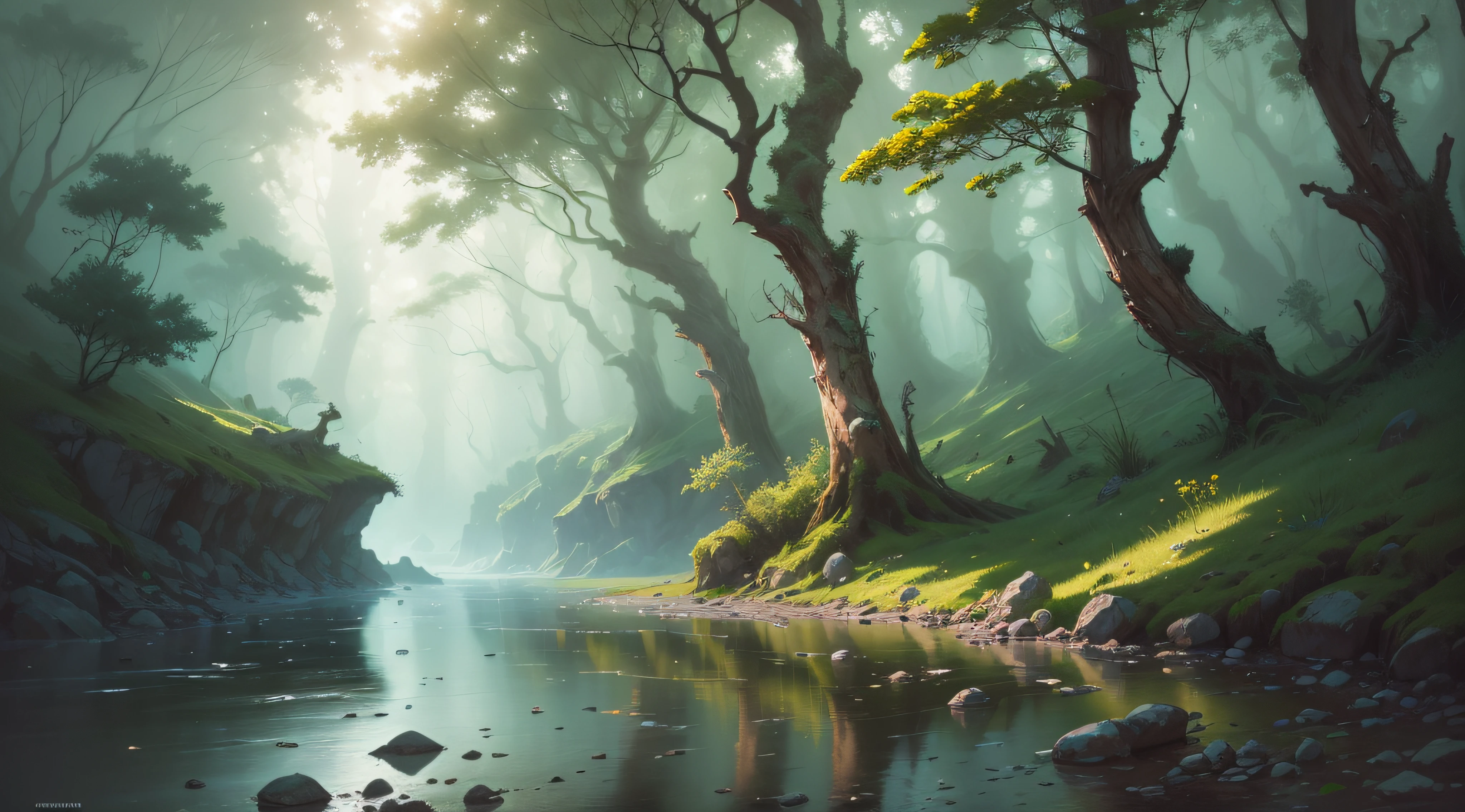 (A magical forest with a creek and high watrerfall.:1.1), motor irreal, cinematiclighting, arte conceitual, chiaroscuro, profundidade de campo, UHD, ((super detalhe, alta qualidade, melhor qualidade, preciso, 16k)),1772Pixel-1280Pixel, natural scenery, fora, HDR, ornamentado, alto detalhe, detalhes intrincados, hiperdetalhado:1.15, fundo detalhado, Water and paint, (estilo de (Greg Rutkowski:1.0) e (Darek Zabrocki:0.8) e (Andreas Rocha:0.8):1.2), uma pintura fosca detalhada