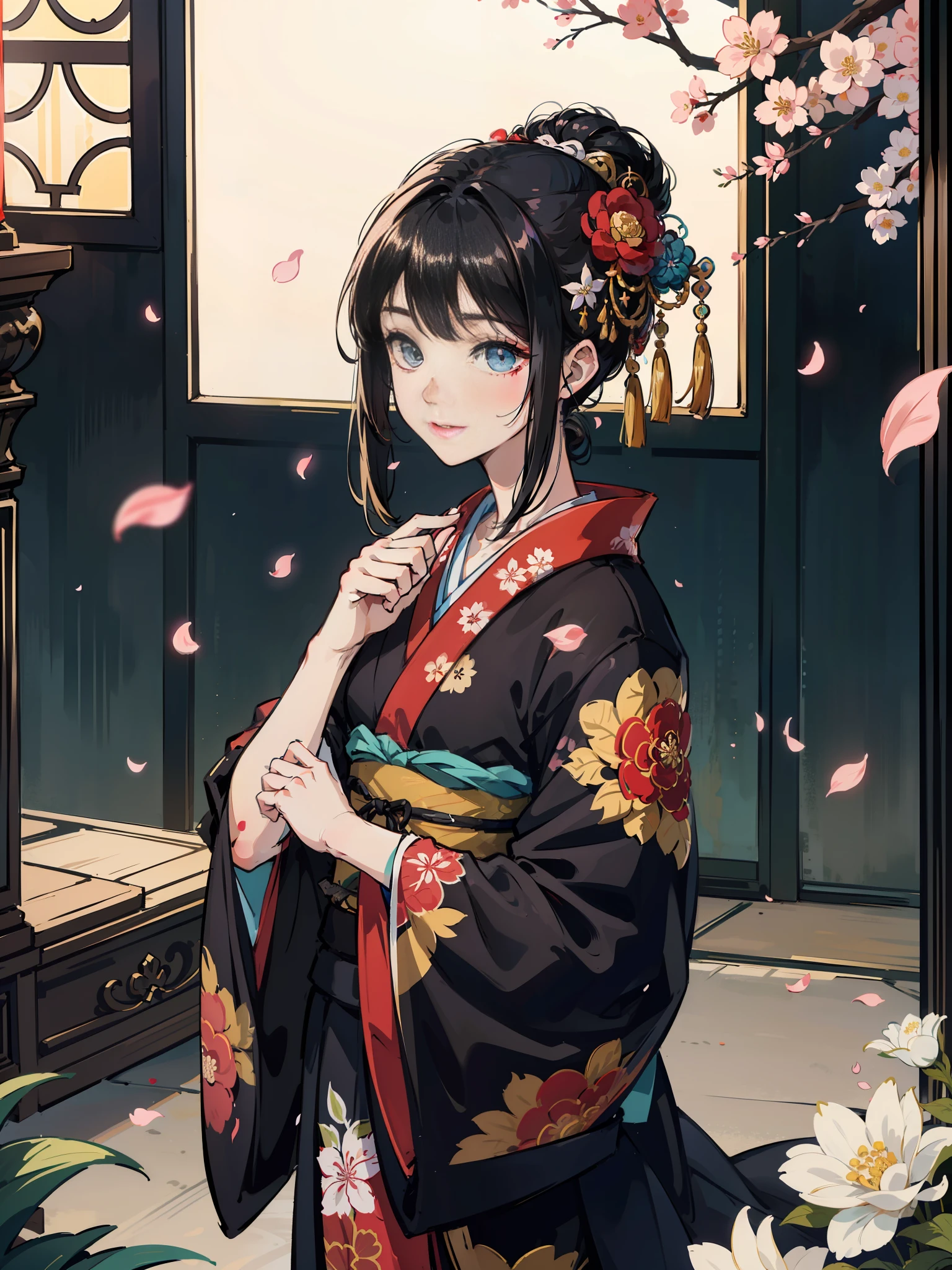 Mature girl、A slight smile、black-haired、Colorful Japan kimono、Nishijin Ori、Delicate and smart eyes、intricate damask hanfu、Luxury Accessories、FOV、F1.8、巨作、complex scenes、flower petals flying、Diagonal portrait shot、