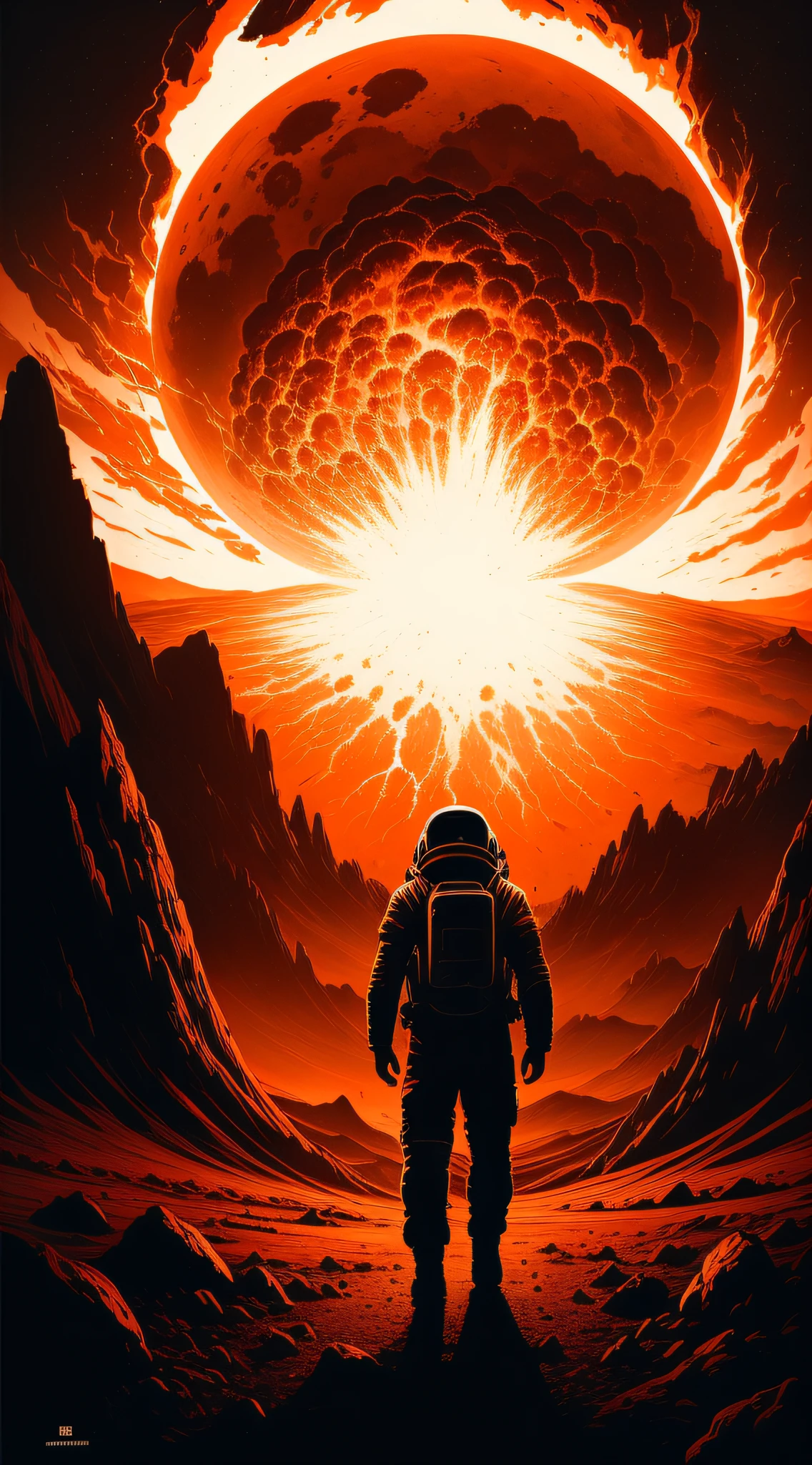 Epic fantasy concept，a poster for the movie，There was a man in a spacesuit, The background is a volcanic eruption，On Mars，There are UFOs floating in the sky，the explosion from akira，akira art style，American vector illustration, akira japanese art, nuclear explosions paint sky, Nuclear explosion!!!, Earth horror illustration，Black and red bicolor，The high-contrast，Strong chiaroscuro，Great and small