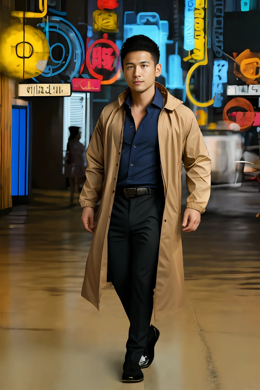 1 oriental male, big bumps, stubble. A 30-year-old muscular man wearing glasses, a reflective windbreaker, long-sleeved white shirt and tie, and leather shoes. Full body, soft lighting. In the neon city. (masterpiece, Best quality), 8K UHD, Digital SLR, filmgrain, Fujifilm XT3 photorealistic painting art