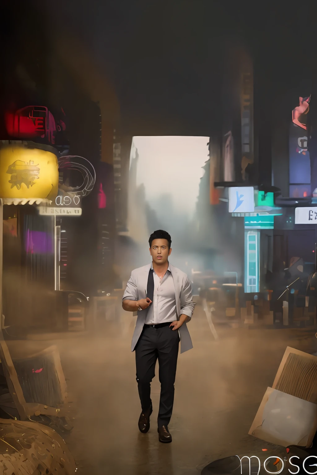 1 oriental male, big bumps, stubble. A 30-year-old muscular man wearing glasses, a reflective windbreaker, long-sleeved white shirt and tie, and leather shoes. Full body, soft lighting. In the neon city. (masterpiece, Best quality), 8K UHD, Digital SLR, filmgrain, Fujifilm XT3 photorealistic painting art