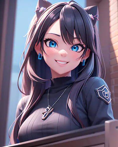 there is a woman with a black shirt and blue eyes smiling , realistic anime 3 d style, anime styled 3d, close up character, 🤤 gi...