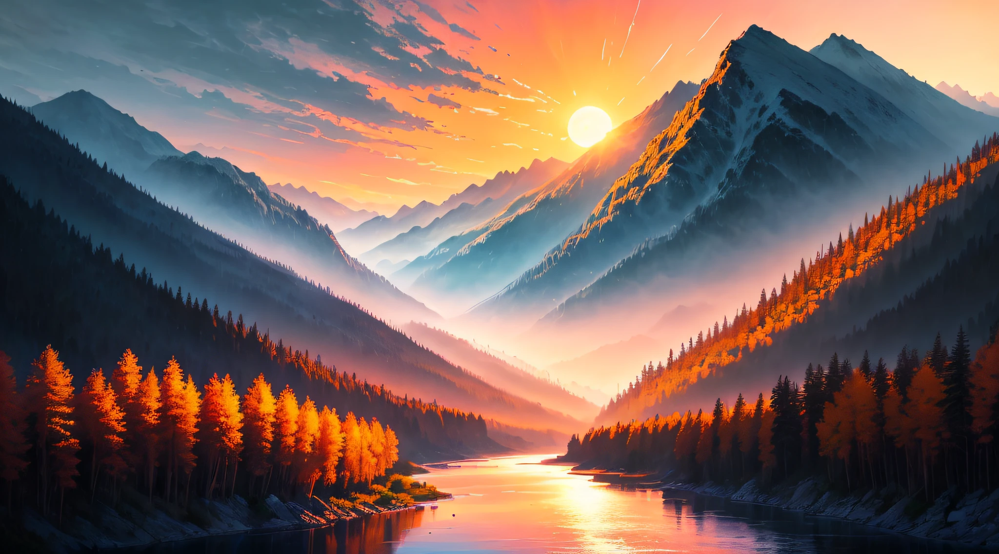 Dusk, river bank, colorful sky, orange sun, mountains, distant mountains, outline, beautiful scenery