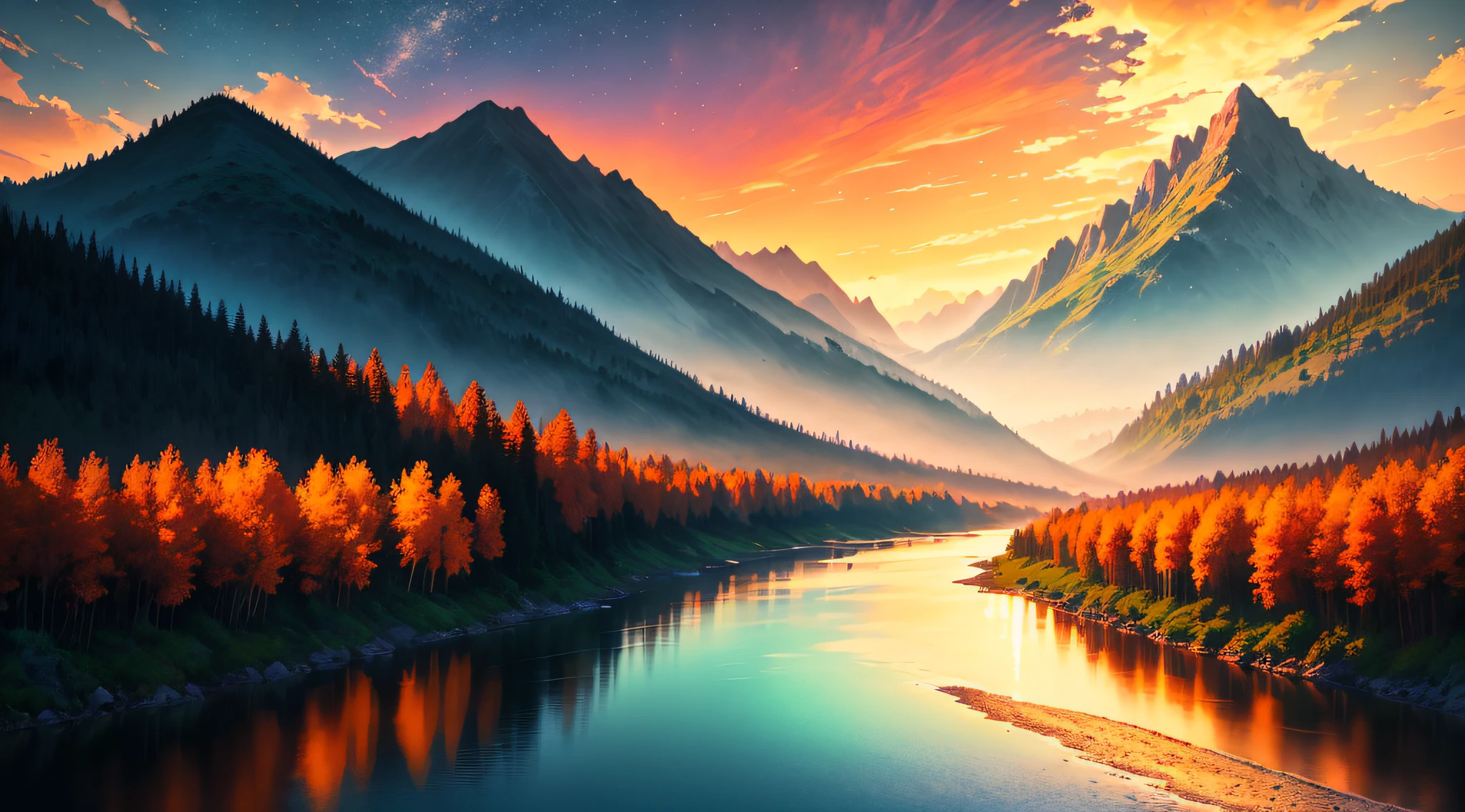 Dusk, river bank, colorful sky, orange sun, mountains, distant mountains, outline, beautiful scenery