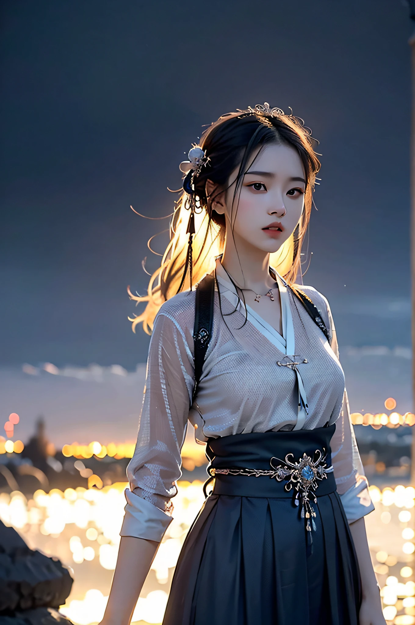 Hyperrealistic,4K,35mm,fashion,cinematography,magazine photoshoot,super high details, Professional lighting, Masterpiece, Best quality, Super high resolution, Visually stunning, (1girls:1.3), (dark blue theme:1.2), Light gray background, Deep blue, Cowboy shot,Wuxia,Chinese style,Hanfu,Tang Feng,,The skin, Skirt，