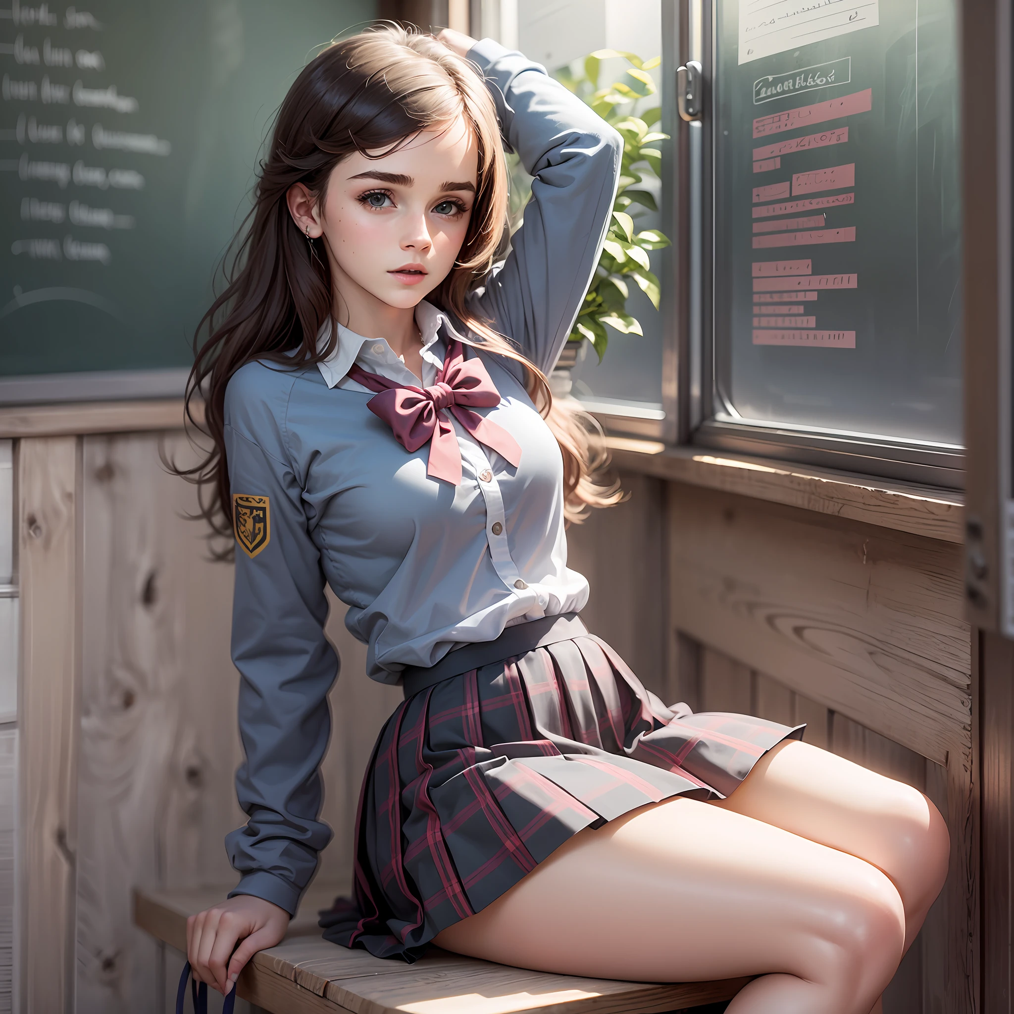 Arafed image of a woman in a school uniform sitting on a bench - SeaArt AI