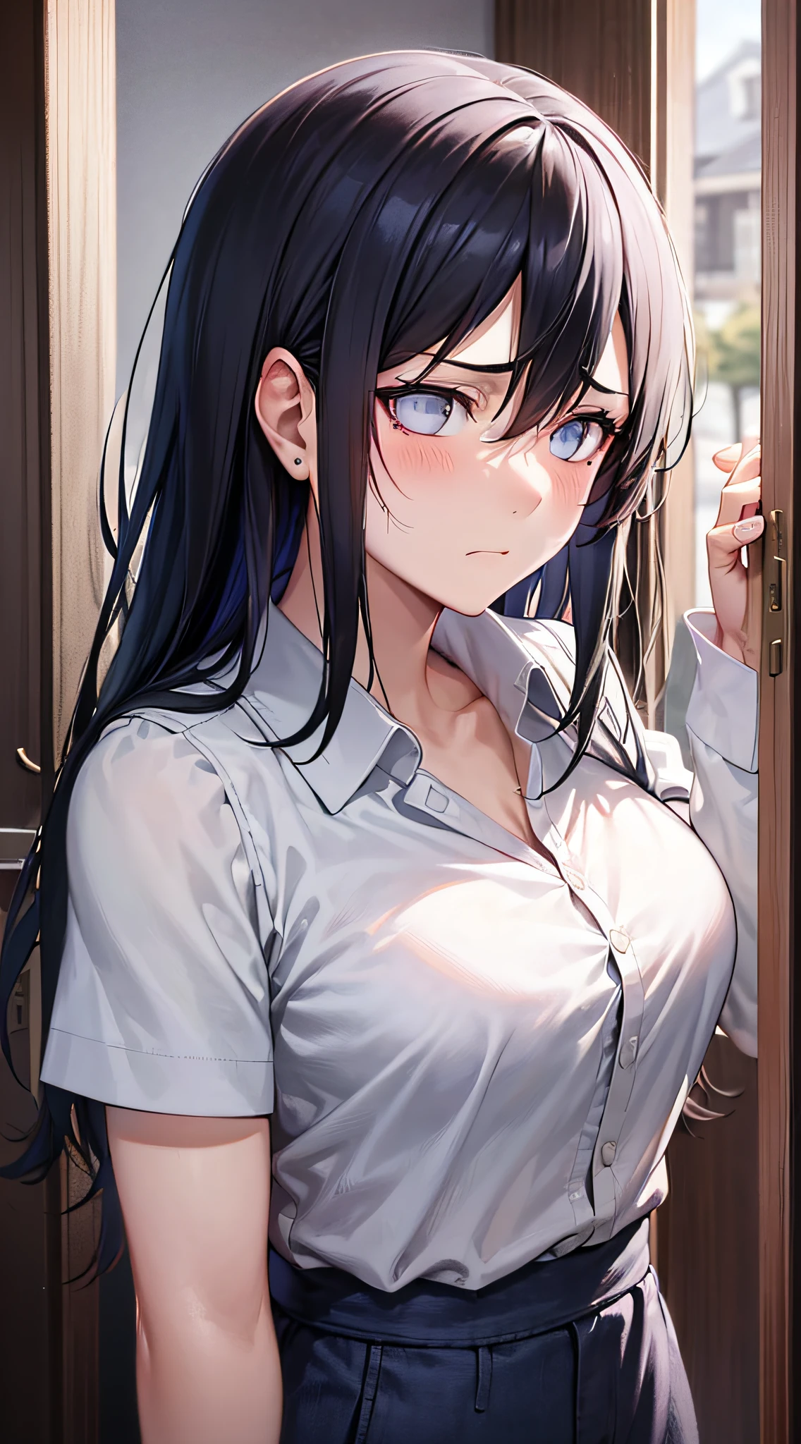 A girl with，Standing in the doorway，White colored shirt，micro saia，Disgusted expressions， （Emotionless face）， Textured skin， super detailing， High Details， high qulity， Best Quority， A high resolution， 8K