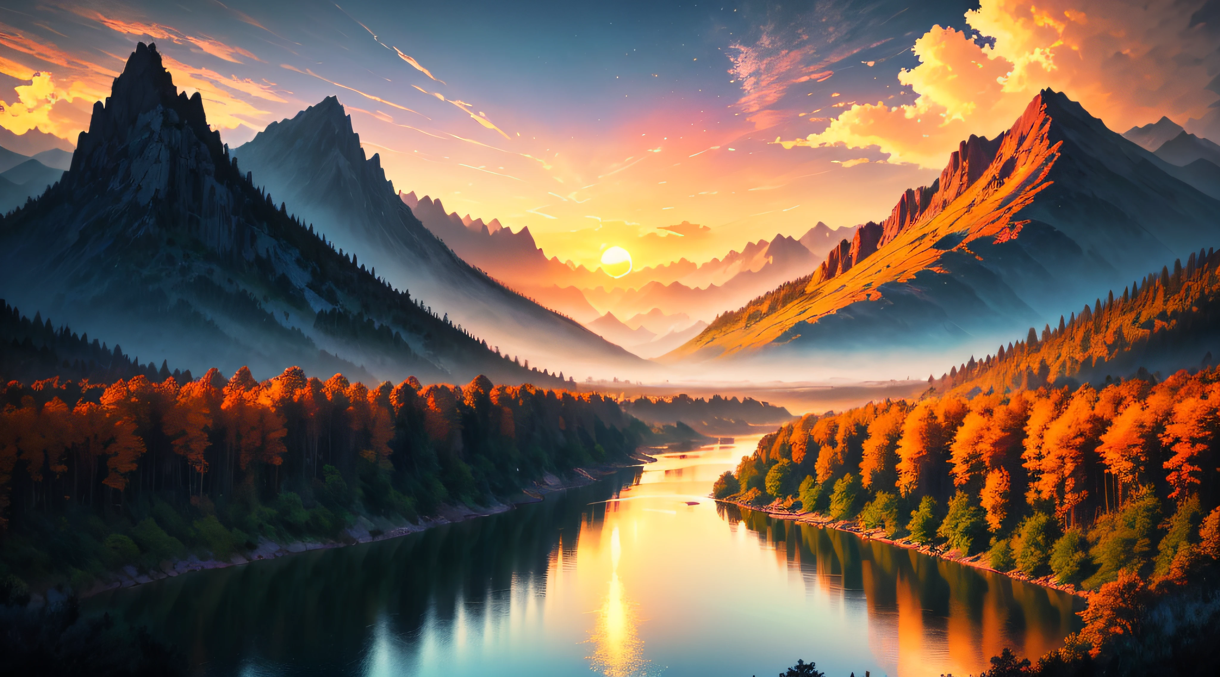 Dusk, river bank, colorful sky, orange sun, mountains, distant mountains, outline, beautiful scenery