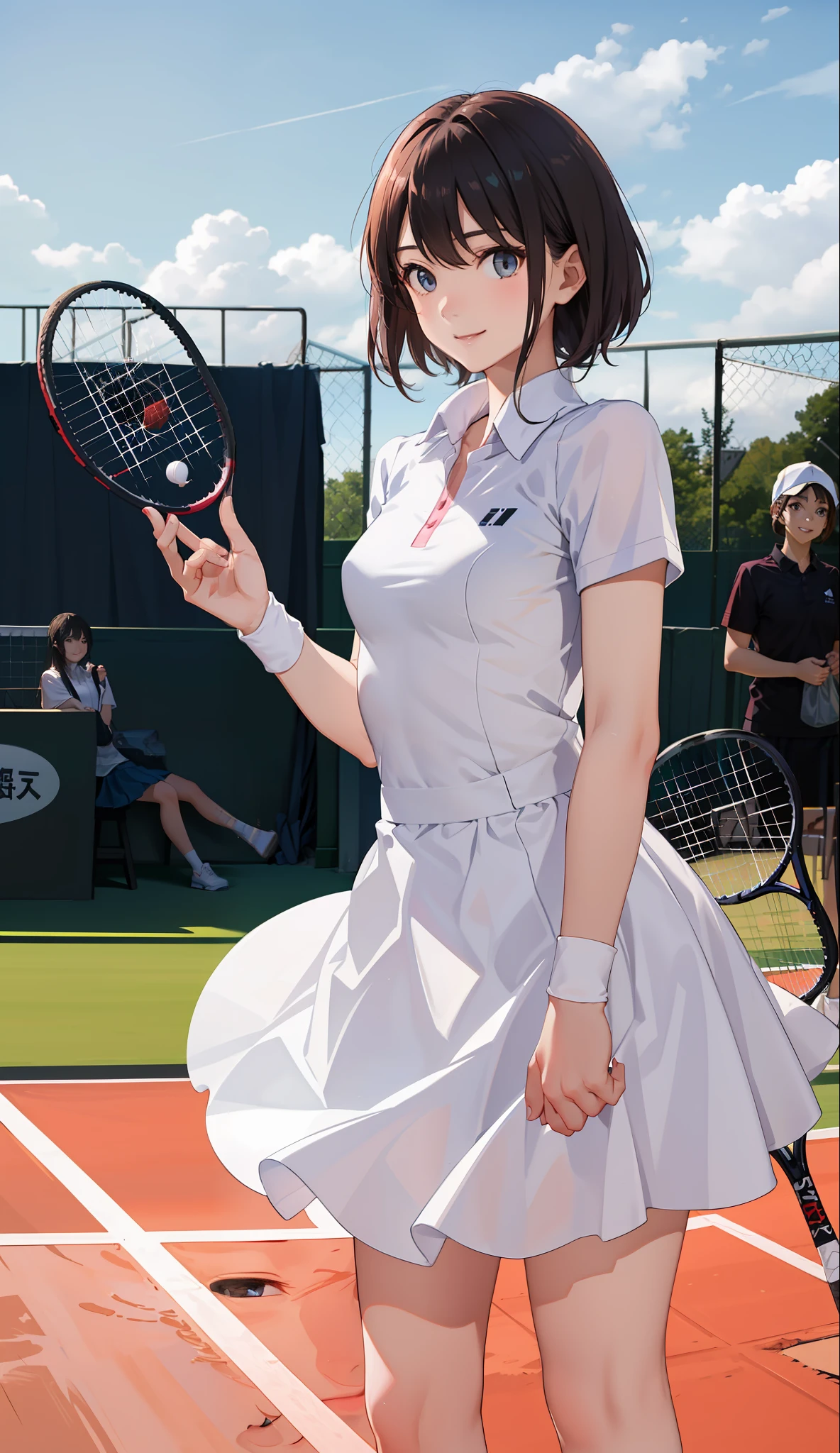 １The girls、shirts、pleatedskirt、17歳、Bob Hair Style、a smile、delightful!、japanes、enmaided、Chromo-white skin、Beautiful eyes、（small tits）、Playing tennis、Wimbledon、Wearing white tennis wear、cinematiclight、