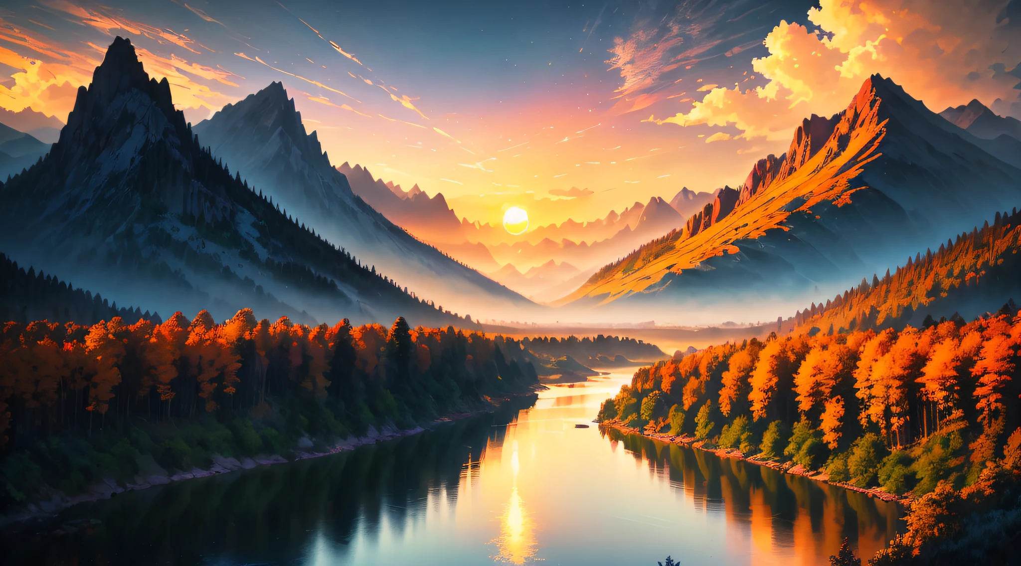 Dusk, river bank, colorful sky, orange sun, mountains, distant mountains, outline, beautiful scenery