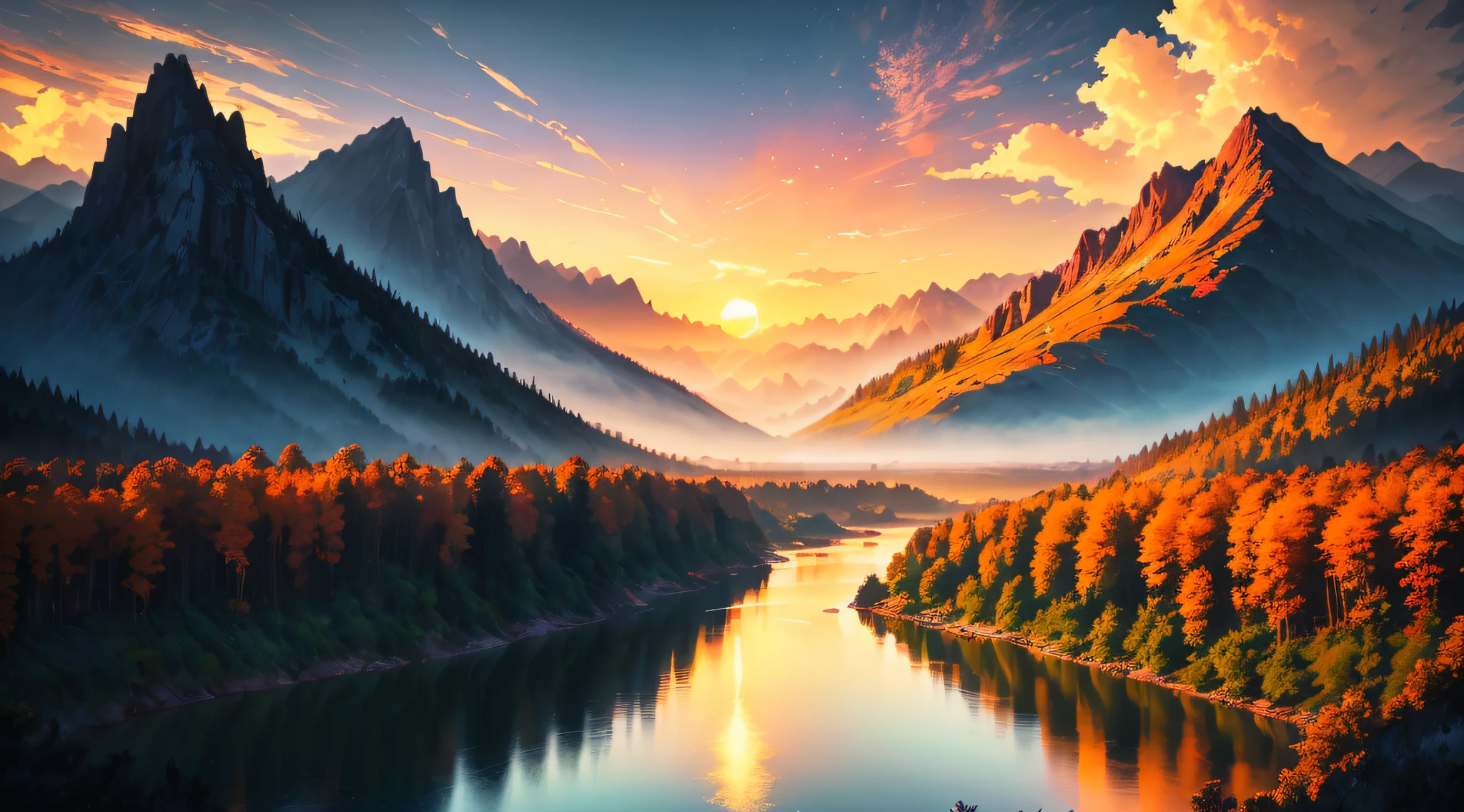 Dusk, river bank, colorful sky, orange sun, mountains, distant mountains, outline, beautiful scenery