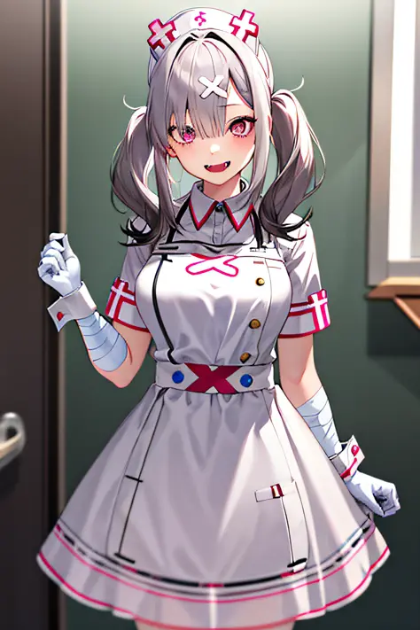 masterpiece, best quality, highres, sk1, white gloves, bandages, white apron, short sleeves, nurse, bandaged arm, wrist cuffs, w...