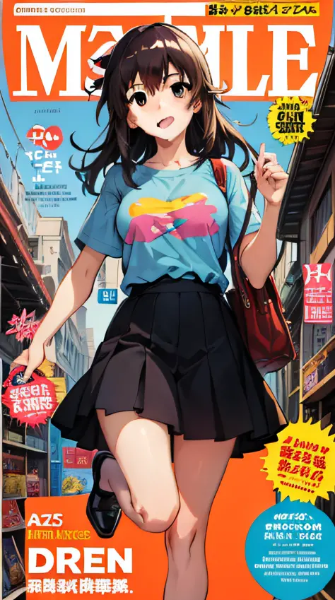 There is a poster，Makoto Shinkai anime style，The poster has a cartoon character on it, A 25-year-old girl with long hair，The girl had a very happy expression，The girl stands on one foot，One foot jump，The girl carries the merchandise in her hand，Single colo...