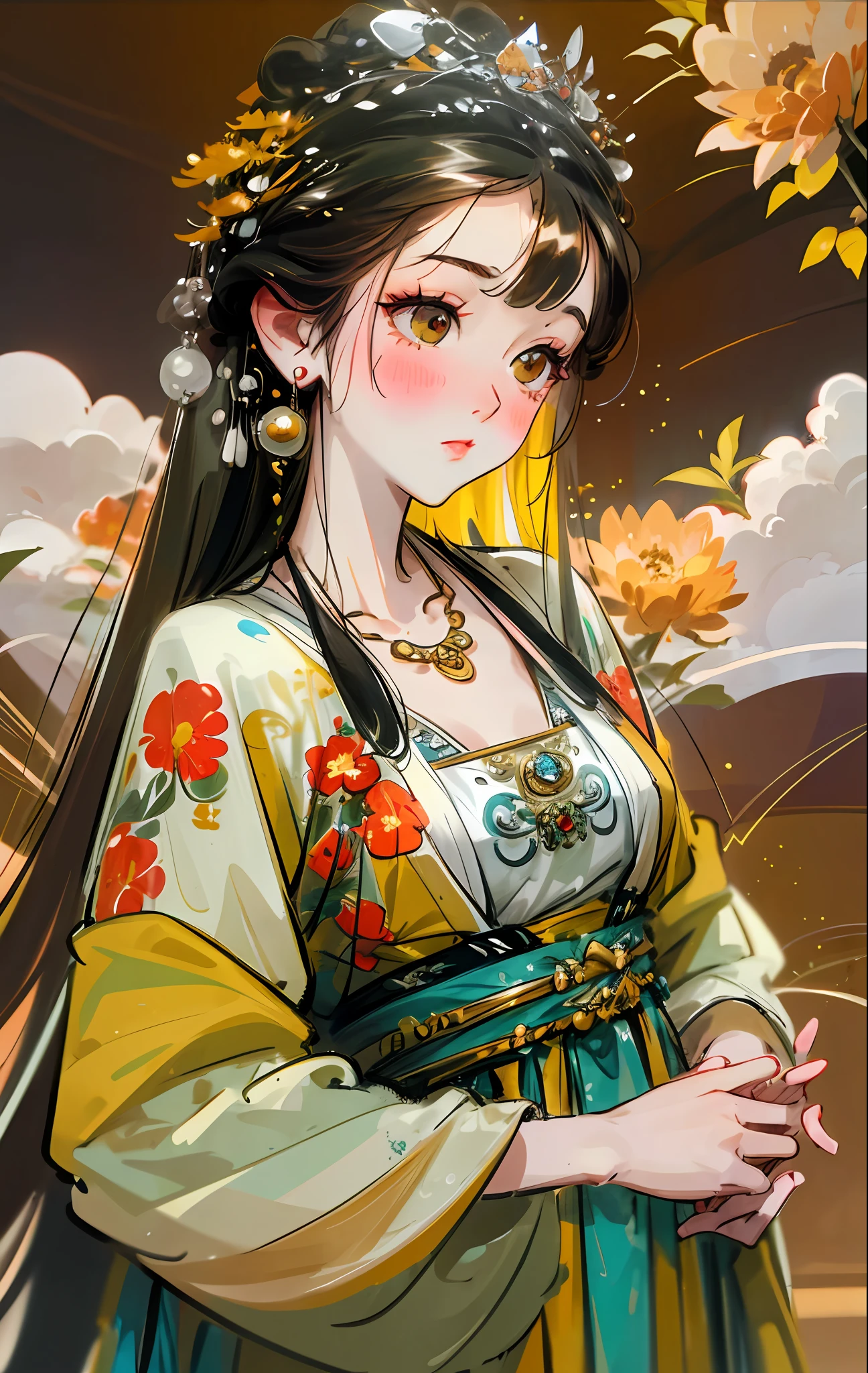 Best quality, masterpiece, high image quality, 1 girl, blush, (seductive smile :0.8), loving pupil, Chinese Hanfu, hair accessories, necklace, jewelry, beautiful face, standing on the path, with flowers on both sides, yellow chrysanthemums, red flowers, green grass, spring, white clouds, whole body, photographic effect, vivid, edge lighting, two-tone lighting, (High Detail skin :1.2), 8k Ultra HD, SLR, Soft Lighting, High Quality, Volume Lighting, Snap, Photo, High resolution, 4k, 8k, Bokeh