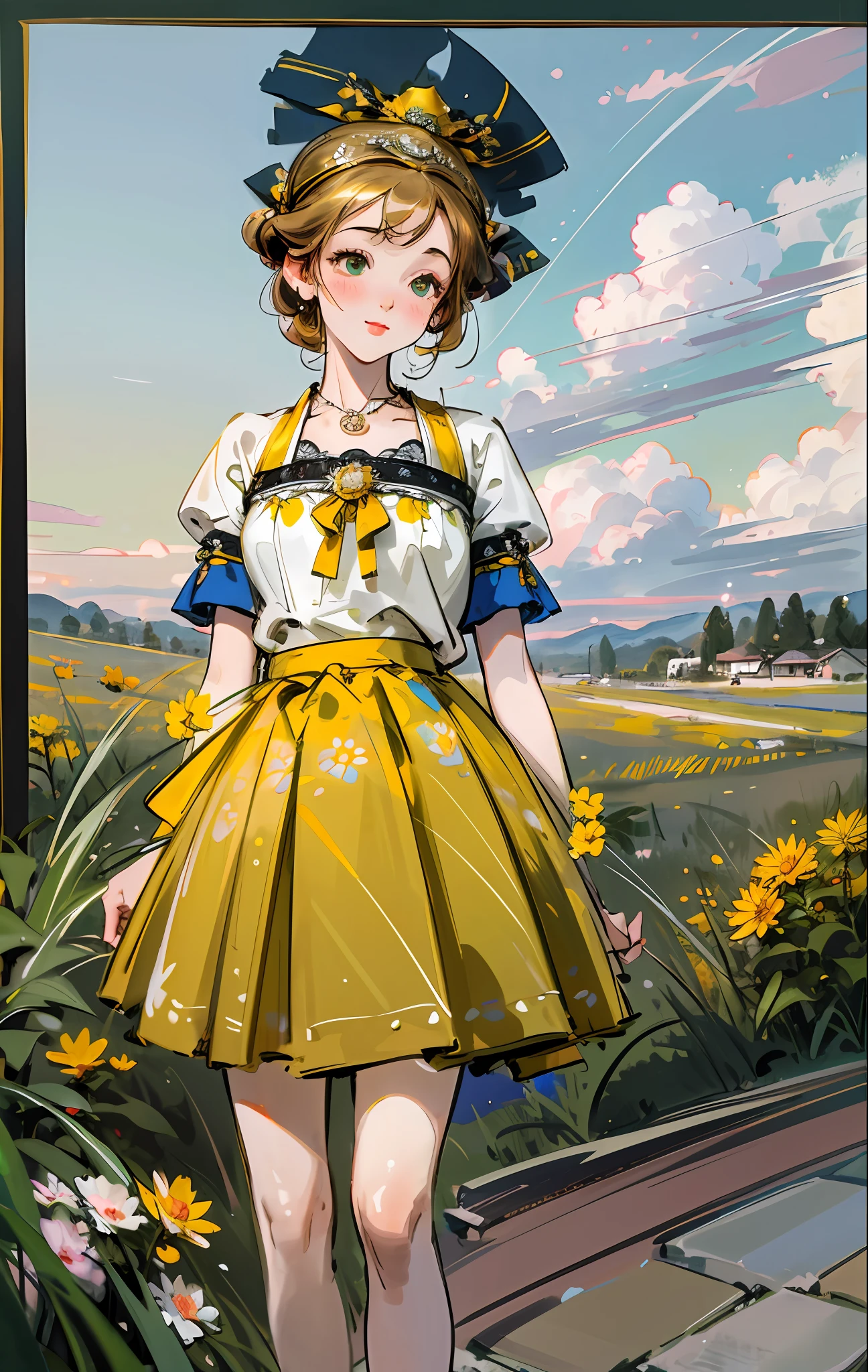 Best quality, masterpiece, high picture quality, 1 girl, blush, (seductive smile: 0.8), love pupils, white top, lace trim, bow on chest, long blue skirt, lace on skirt, yellow ornaments, pink headband, long ribbon, necklace, beautiful face, standing on the path, both sides full of flowers, yellow chrysanthemum, red flower, green grass, spring, white clouds, full body, photographic effect, realistic, , edge lighting, two-tone lighting, (high detail skin: 1.2), 8k ultra high definition, DSLR, soft lighting, high quality, volumetric lighting, capture, photo, high resolution, 4k, 8k, bokeh