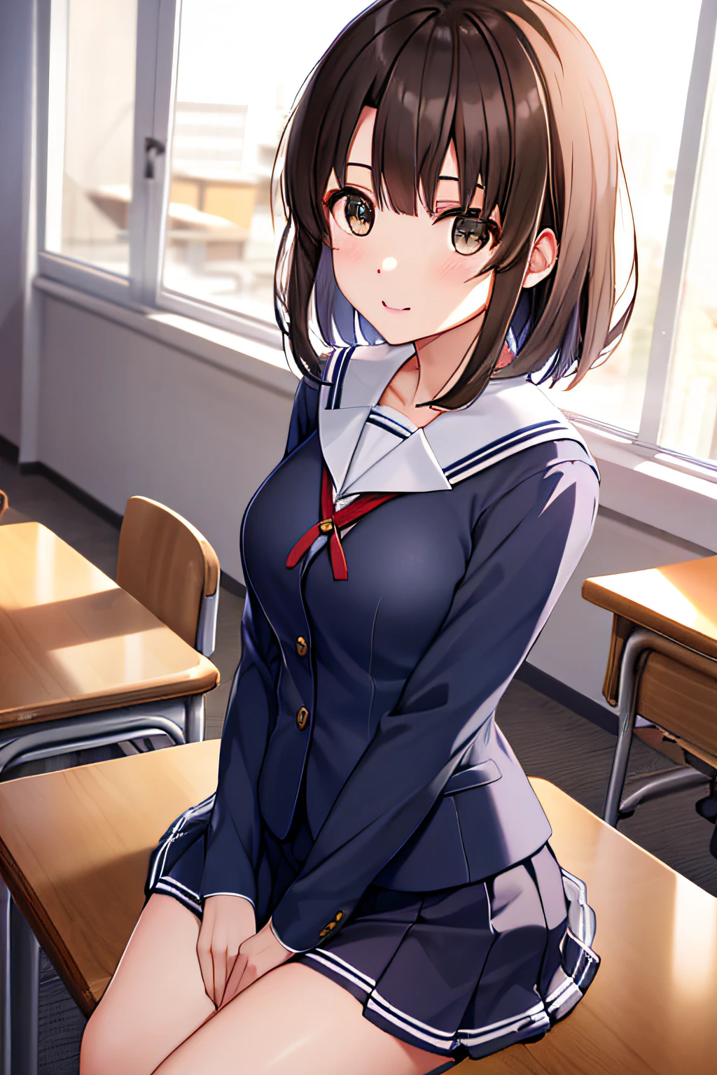 巨作, Best quality, A high resolution, HMKM1, Short hair, Blue shirt, school uniform, Pleated skirt, Long sleeves, 鎖骨, serafuku, Medium breasts, Cowboy shot, Indoors, Classroom, Sitting, desk, chair,