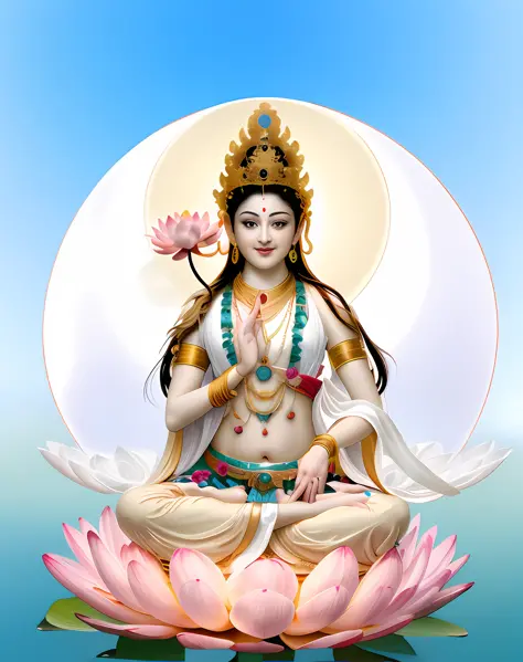 1 goddess Bodhisattva，Beautiful big eyes looking at the audience，smiling at her lips，Gorgeous flowing hair，sportrait，（Skin is sm...