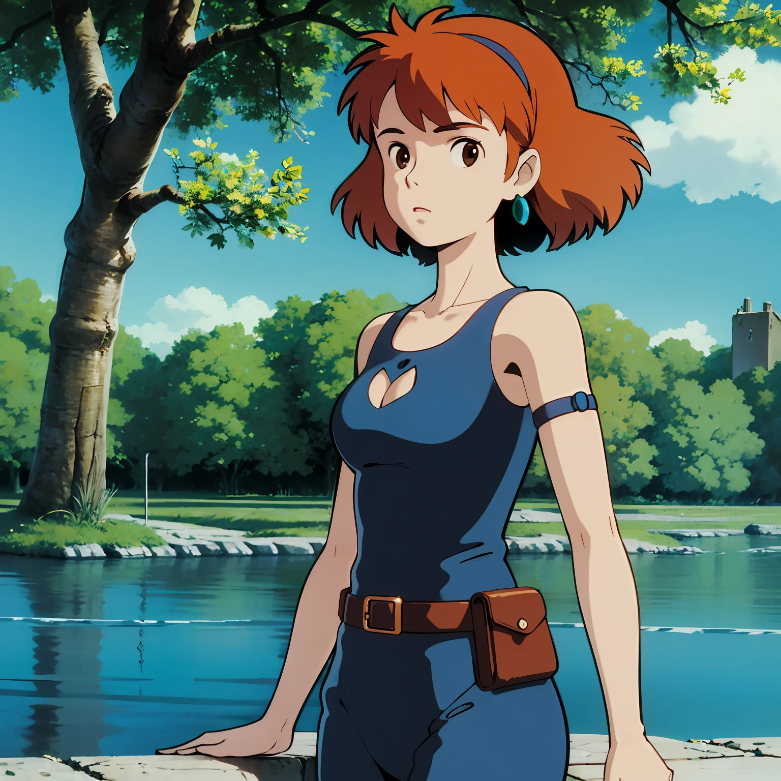 ghibli style, Nausicaa \(Nausicaa\), 1girl, open chest, 20 y.o., armlet, bangs, orange hair, Nausicaa outfit, breasts, earrings, floating hair, forest, brown eyes, jewelry, looking at viewer, medium breasts, sea of decay crumbling buildings,  outdoors, parted bangs, shirt, medium hair,  solo, tree, upper body, blue shirt , steampunk, ((masterpiece)),