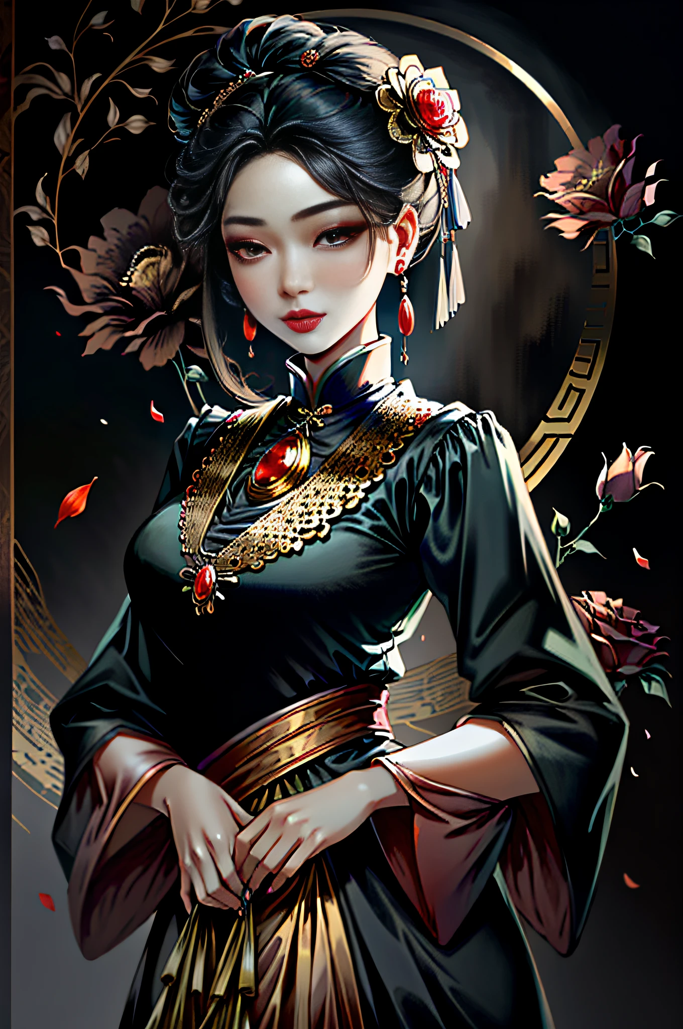 Paint_Style, 1girl, solo, looking at viewer, black hair, hair ornament, long sleeves, dress, holding, brown eyes, jewelry, upper body, flower, earrings, hair flower, wide sleeves, necklace, petals, makeup, rose, chinese clothes, lipstick, black background, red flower, gem, holding flower, red lips