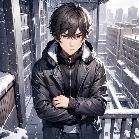 freezing, winter season, a boy with short messy brown hair leaning on the balcony wearing a buffed black jacket and looking cont...