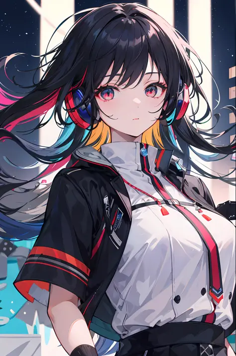 1girl, expressive hair, night city, multicolored eyes, black hair, headphones, multicolored eyes, reflection light, anime, ray tracing, masterpiece, super detail, high details, high quality, award winning, best quality, 16k, UHD