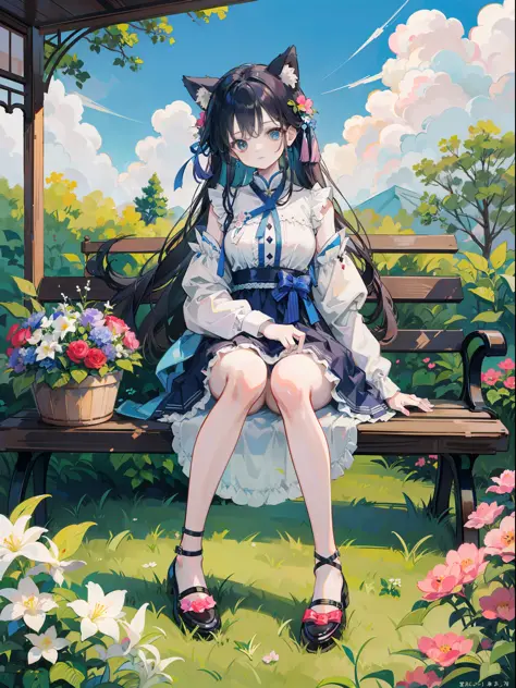 Anime Pictures。Bright and pretty shades。A cute woman with cat ears of about 18 years old sits on a bench in the pavilion of a ga...