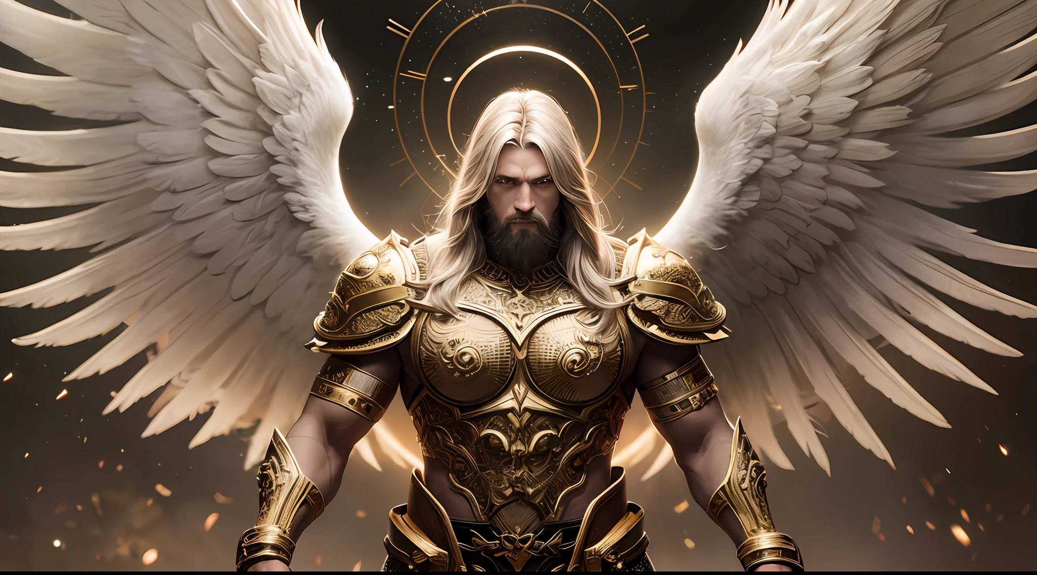 a male angel, with beams of light enveloping his body, his feathery wings are spread out, a golden (halo:1.2) over his head, muscular, beard, masculine, dark, horror, masterpiece, best quality, intricate detail, absurdres, DREAD, chromatic aberration, depth of field, soft lighting, tone mapped, highly detailed, concept art, smooth, sharp focus, dramatic lighting, highly detailed artwork, cinematic, 8K, incredible shadows, (highly detailed background:1.0)